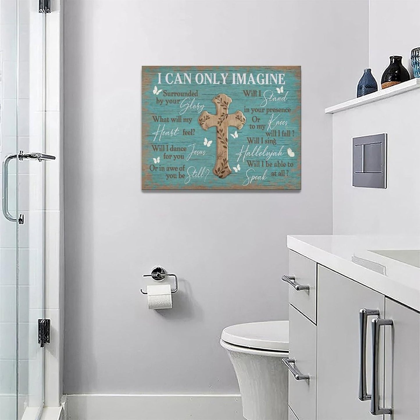 Rustic Christian Cross Wall Art I Can Only Imagine Pictures Farmhouse Butterfly Wall Decor Teal Motivational Canvas Print Painting Artwork for Bathroom Living Room Bedroom 12"x16"