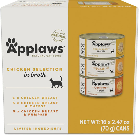 Applaws Natural Wet Canned Cat Food, Made with Limited and Natural Ingredients, Protein with No Artificial Additives, Chicken Selection Variety Pack in Broth (16 x 2.47oz Cans)
