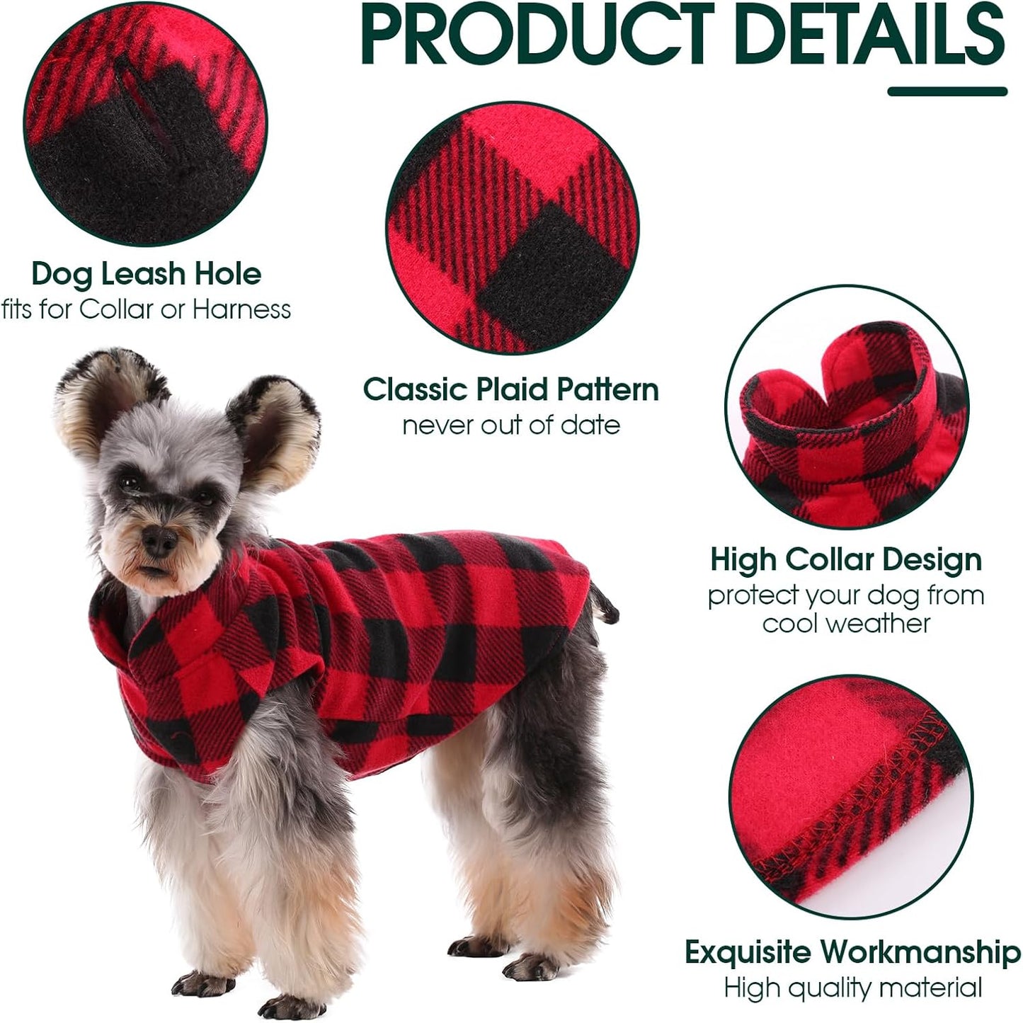 Kuoser Dog Fleece Vest,Warm Plaid Dog Sweater with Leash Hole,Soft Turtleneck Winter Pet Jacket Dogs Coat Pullover Clothes for Small Medium Dogs Cats,Spring Fall Cold Weather Christmas Outfit,Red M