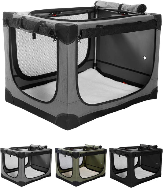 42 Inch Collapsible Travel Dog Crate for Medium Large Dogs, Portable Dog Crate 4-Door Foldable Soft Kennel with Durable Mesh Windows for Indoor & Outdoor Travel, with Storage Bag,Grey