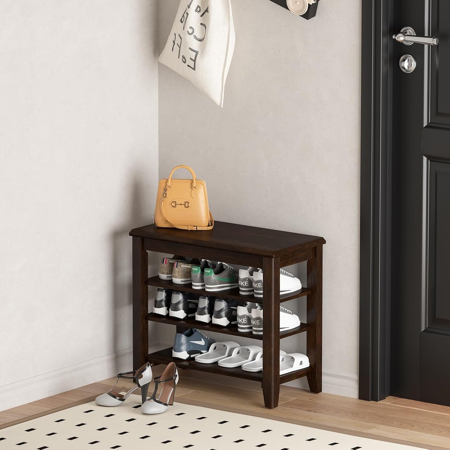 Shoe Bench Storage Rubberwood, Entryway Bench with 3-Tiers Height Adjustable, Shoe Rack Front Door Entrance Organizer for Hallway Living Room, Mudrooms, Walnut,23.6"