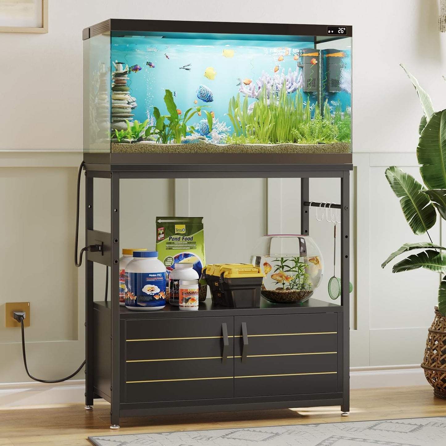 Bestier 20-29 Gallon Fish Tank Stand with Power Outlets, Metal Long Aquarium Stand with Storage Cabinet, 31x15 Reptile Terrarium Stand with Horizontal Gold Line, Stainless Hooks, 350 Lbs(Black)