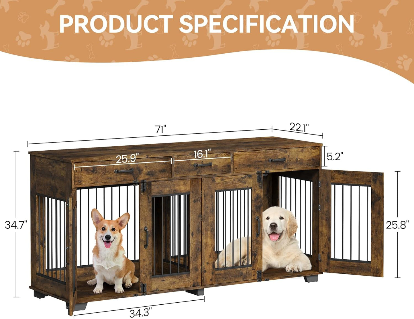 71'' Dog Crate Furniture, Wooden Indoor Dog Kennel for 2 Dogs with 3 Drawers and Removable Room Divider, XXL Double Dog Crate TV Stand End Table with Double Doors for Large Medium Dogs, Rustic Brown