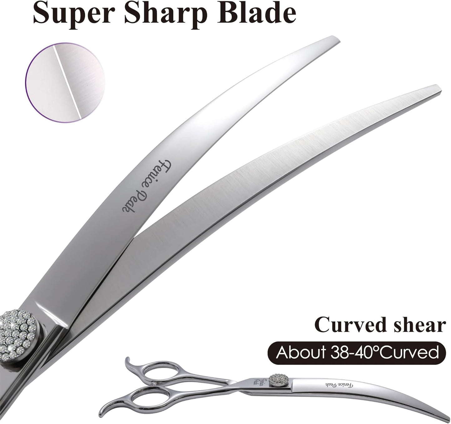 Fenice Peak 6.5‘’ Extra Curved Dog Grooming Scissors with Jewelled Screw 440C Stainless Steel Pet Grooming Bending Scissors with Symmetrical Handle for Professional Groomer and Home User
