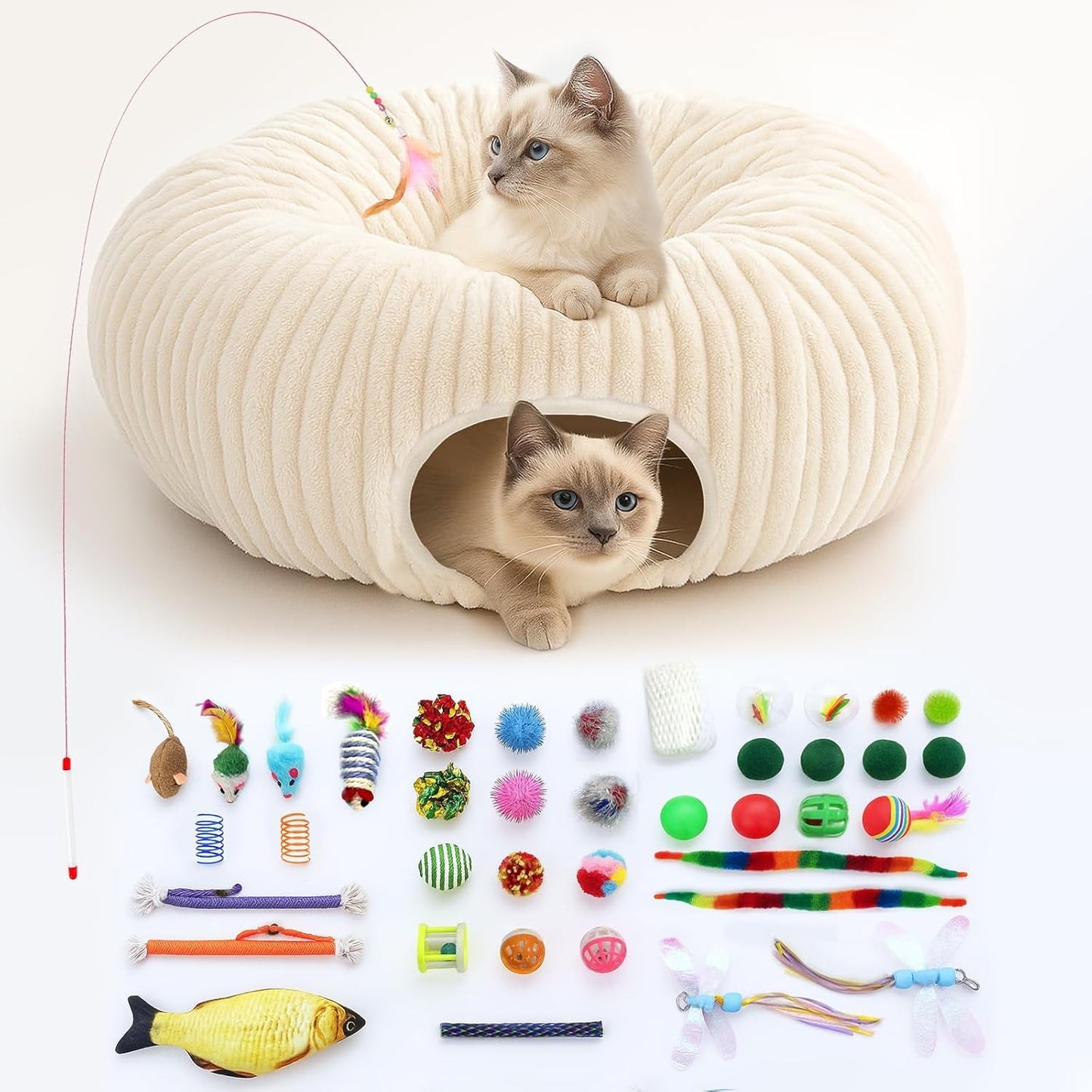 Cat Tunnel Bed with 40 Cat Toys, Collapsible Play Tunnel for Indoor Cats, Cat Tube for Kitten Puppy
