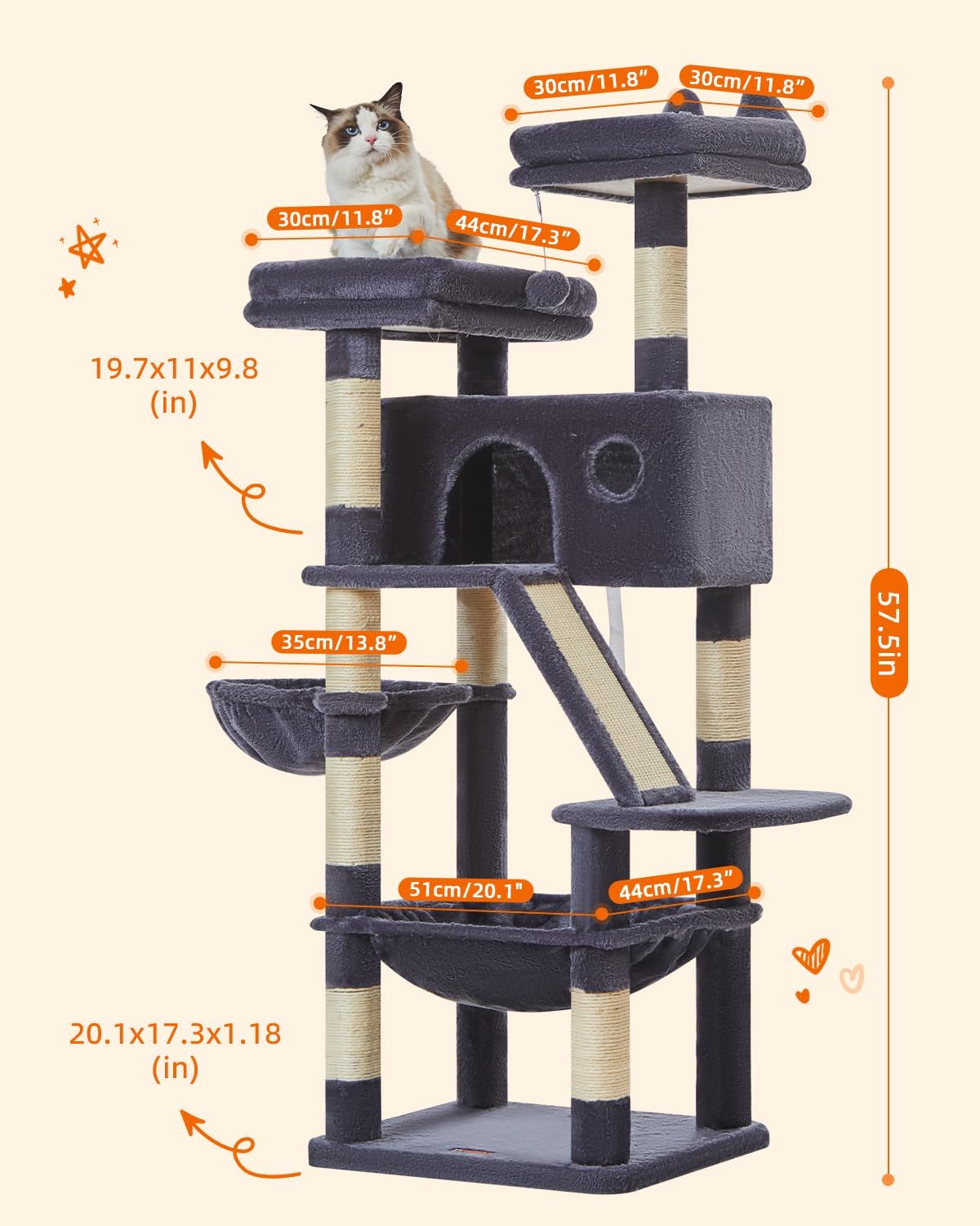 Taoqimiao Cat Tree 57.5-Inch, Cat Tower for Indoor Cats Large Adult, Extra Large Cat Condo, 8 Sisal Scratching Posts, Metal Frame Cozy Hammock, Durable Scratch Board, 2 Top Perches, Smoky Gray MS026G