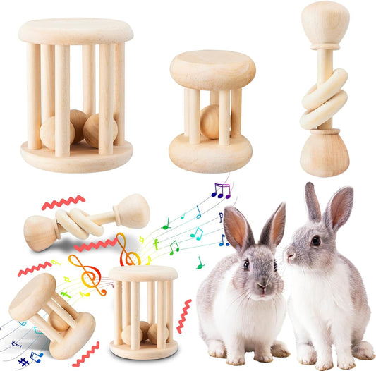 3 Pcs Natural Wooden Bunny Toys, Safe Rabbit Toys for Guinea Pig Chinchillas Hamsters Small Animals Playing Teeth Grinding Indoor Outdoor