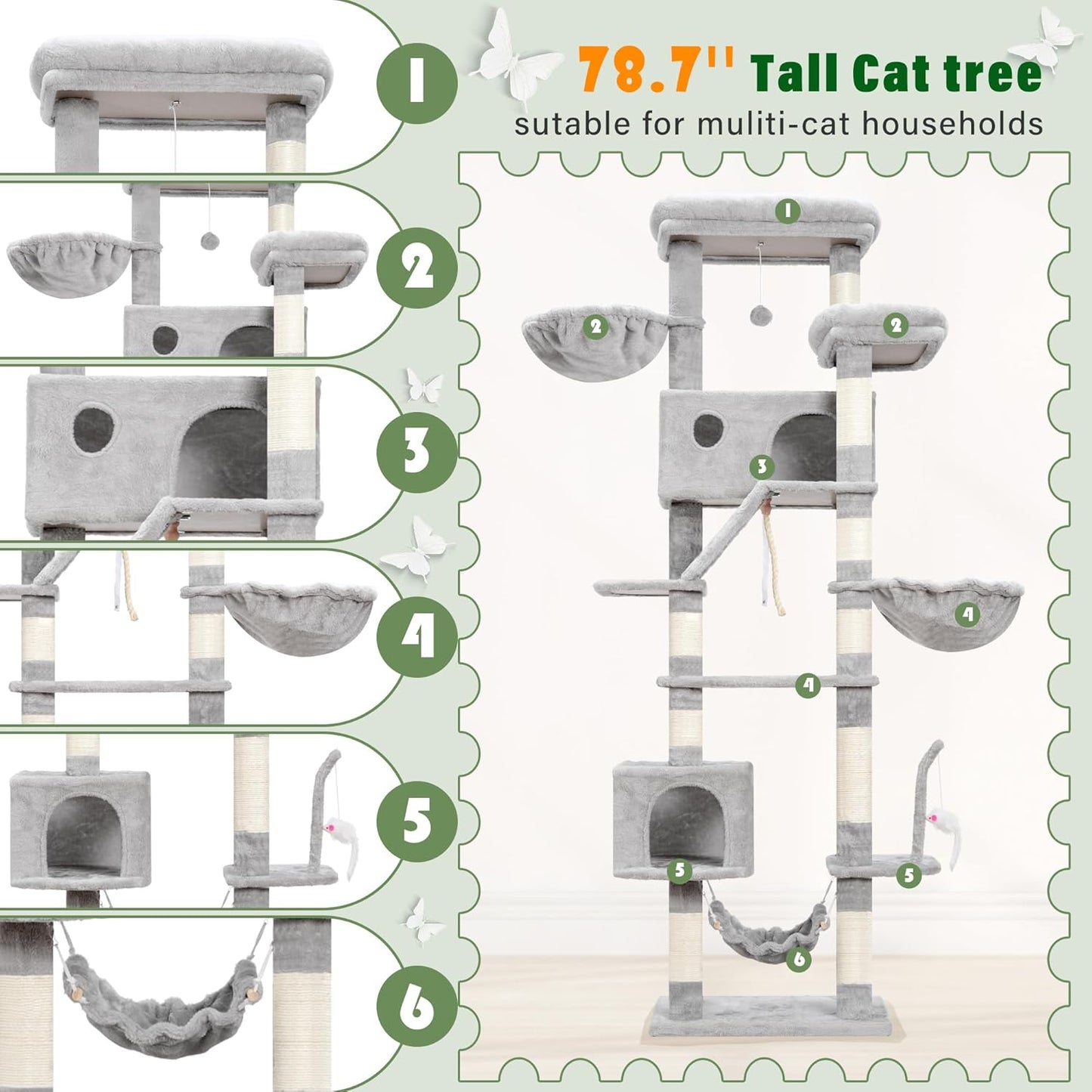 Cat Tree for Large Cats, 78.7"(200cm) Tall Cat Tower for Indoor Cats Multiple Cats with Large Top Perch, Cat Condo, Cat Hammcok, Cat Scratching Post, Light Gray GCT031W