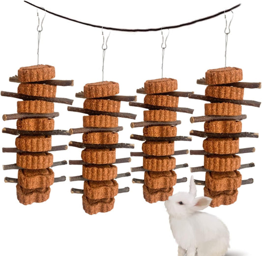 Bunny Carrot Cake Chew Toys,Rabbit Teeth Grinding Hanging Chinchillas Molar Toy Improve Dental Health Natural Apple Sticks for Guinea Pigs Rats Hamsters Gerbils(4 Packs)