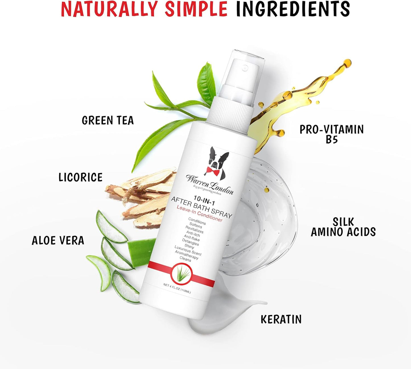 Warren London 10-in-1 After Bath Dog Spray | Leave-in Conditioner & Detangler for Dogs | Aloe Vera, Silk Amino Acids & Green Tea | Fresh Scent | 4oz Travel Size | Made in USA