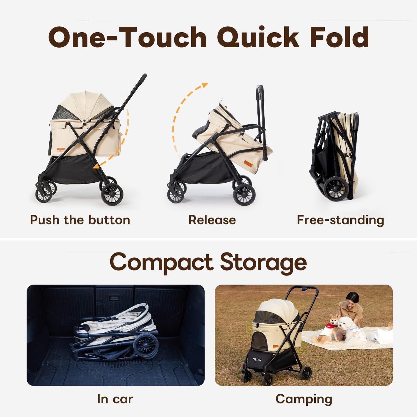 【One-Pull Open Ver.】 PETTENA Dog Stroller for Small Dogs, One-Touch Foldable Dog Stroller for Small/Medium Dogs Cats up to 44 Lbs, Khaki