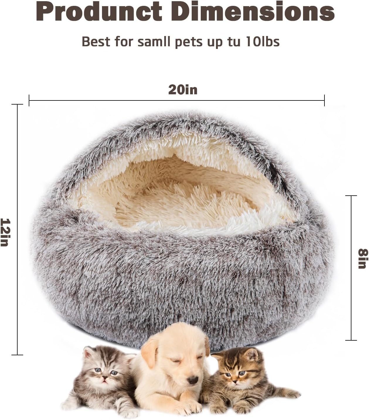 Cat Bed for Indoor Cats, Calming Cozy Cave with Self-Warming Plush, Entire Bed Machine Washable & Anti-Slip Base, Breathable Pet Bed for Small Cats&Dogs All Seasons (Khaki, 20 * 20inch)