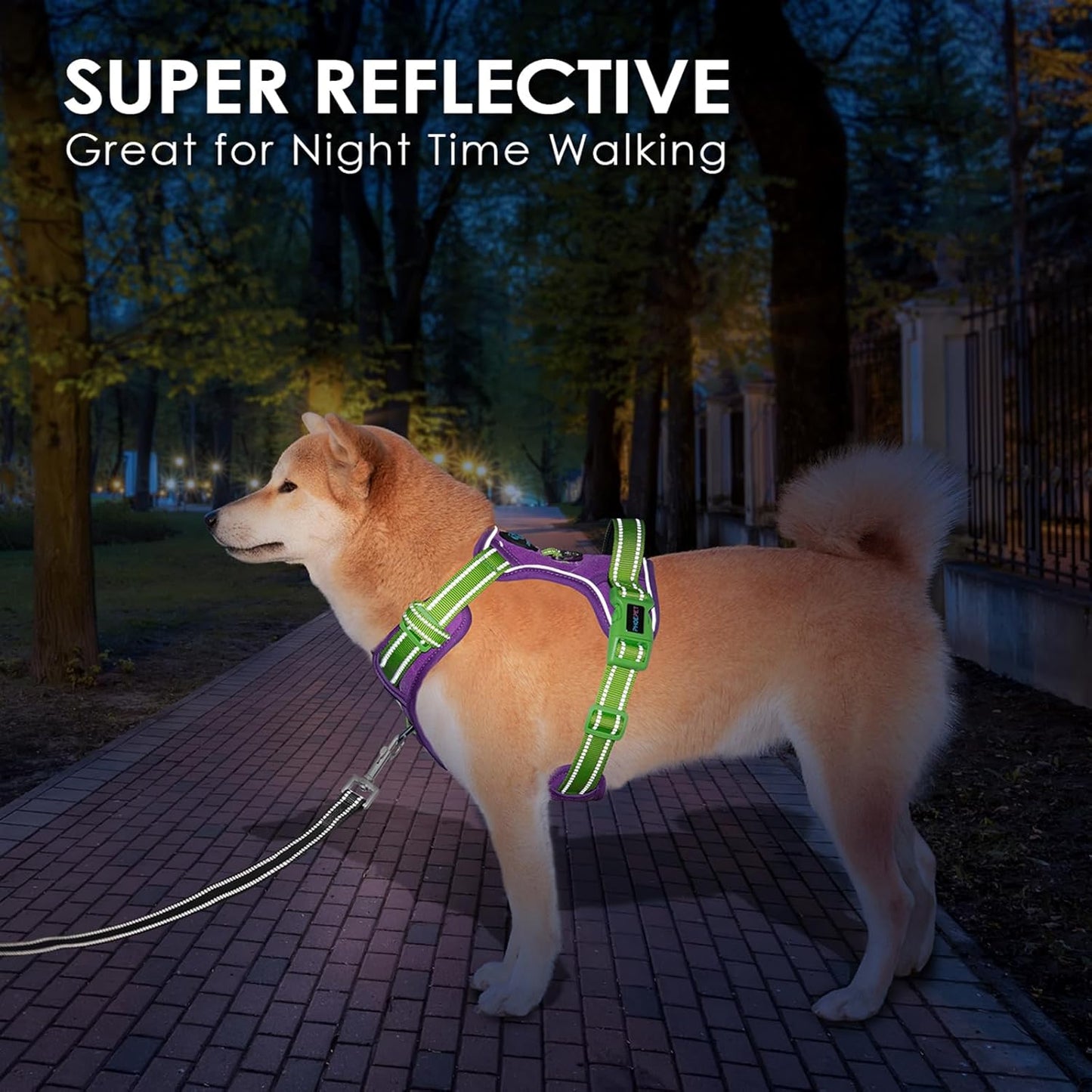 PHOEPET No Pull Dog Harness, Unique Colors Reflective Adjustable Dog Vest, with Soft Training Handle Metal Clips for Small Medium Large Dogs (Purple Base & Green Straps,M)