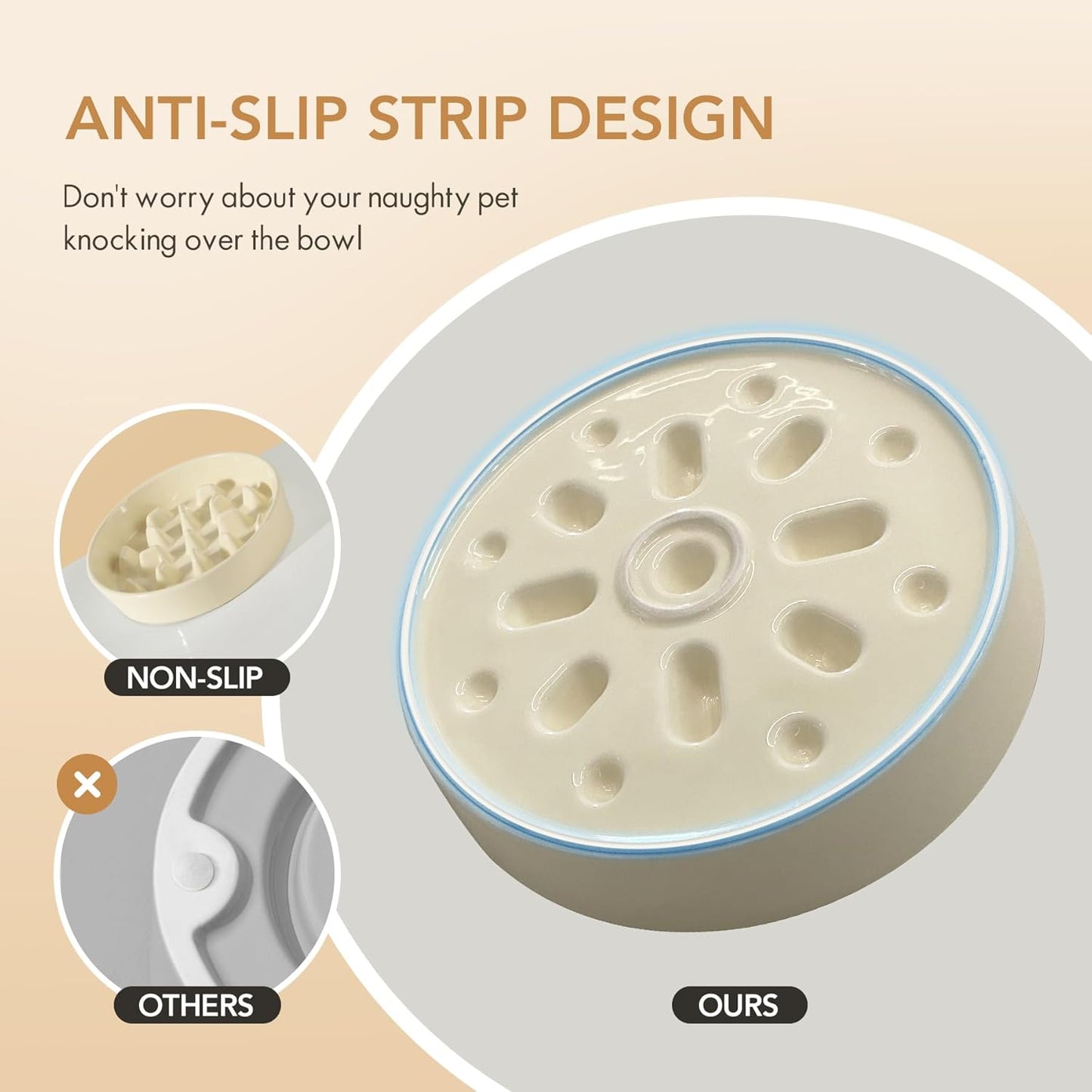 Ceramic 9.5 inch Dog Bowl Slow Feeder, Slow Pet Food Dish for Large Dog, Stop Bloat, Preventing Choking(Single Bowl, Beige)