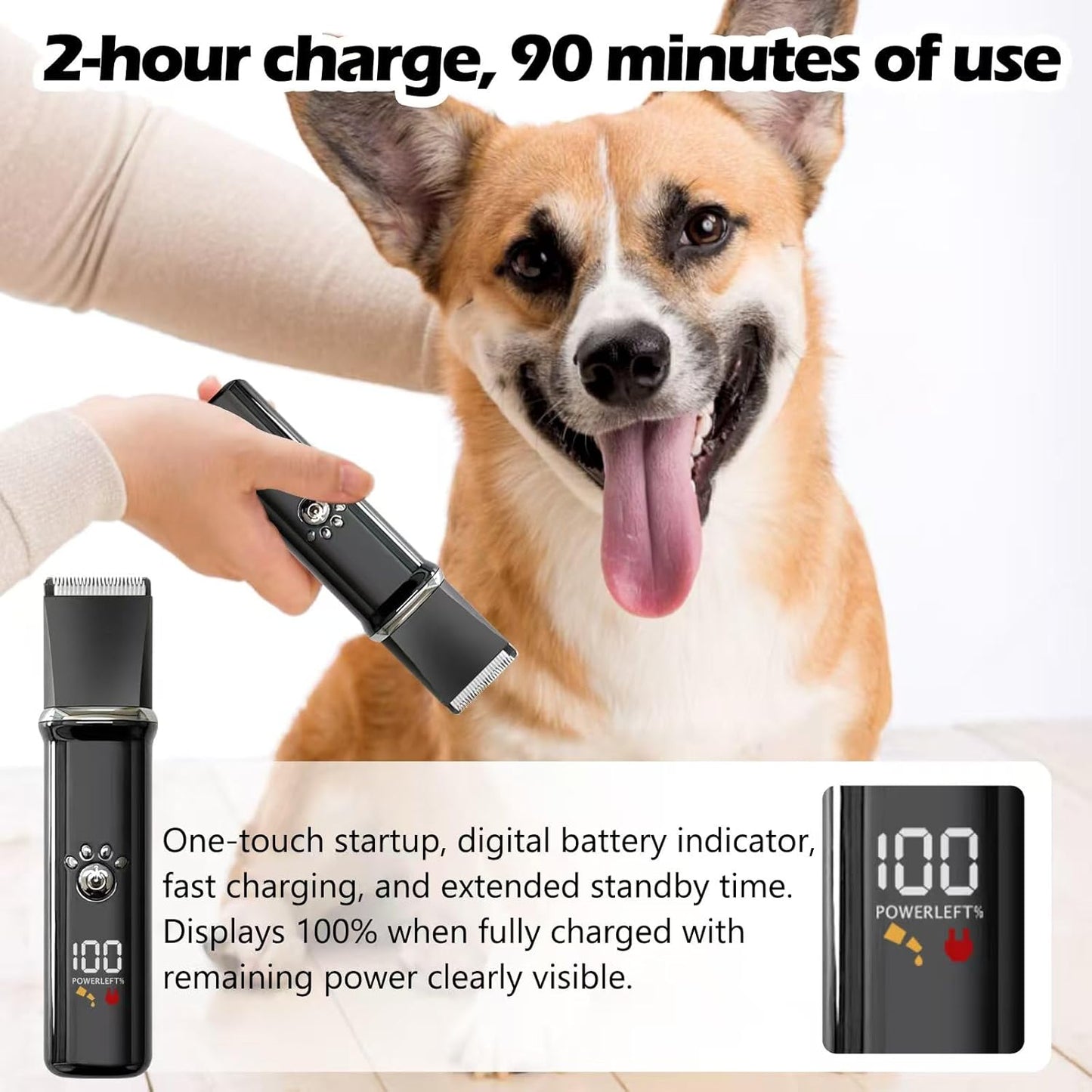 Dog Clippers Grooming Kit - Low Noise, Cordless Electric Trimmer with Nail Grinder for Dogs & Cats, 4 in 1 Rechargeable Clippers for Paws, Ears, Face and Matted Hair (Black)