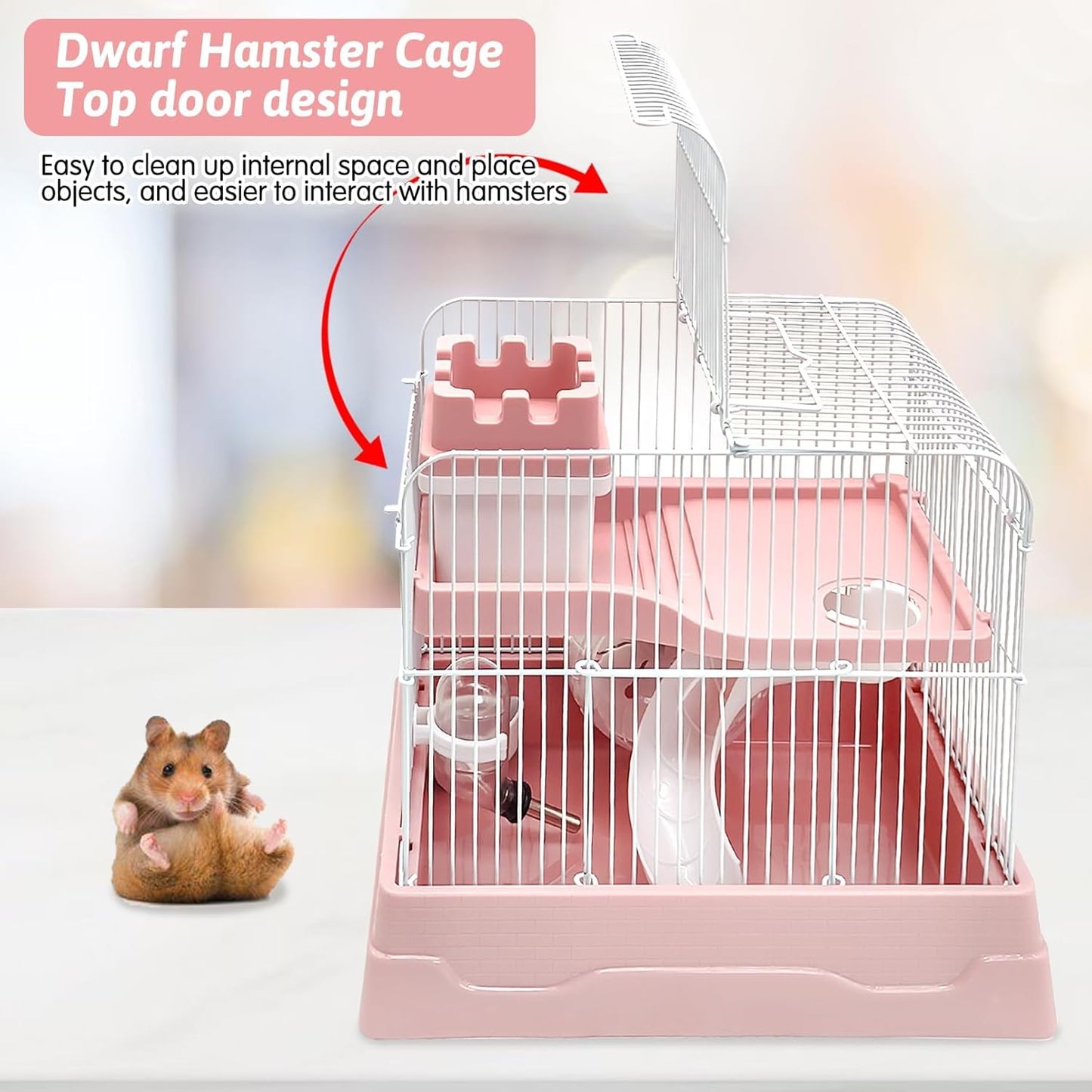 PINVNBY 2-Tier Dwarf Hamster Cage, Travel Portable Mouse Cage Gerbil Cages and Habitats Small Animal Carrier with Castle House Running Exercise Wheels, Water Bottle and Food Dis