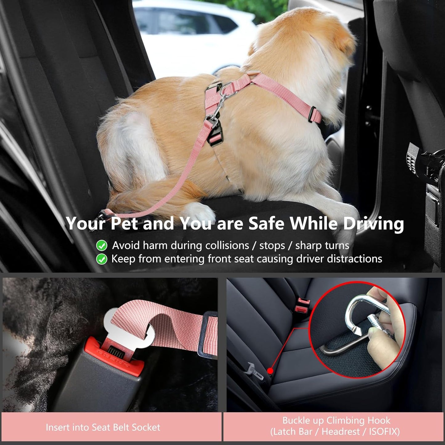 Dog Seat Belt, Safety Vest Dog Car Harness with Adjustable Buckle Dog Seat Belt for Vehicle Nylon Pet Safety Seat Belts Heavy Duty(M, Pink Daisy)