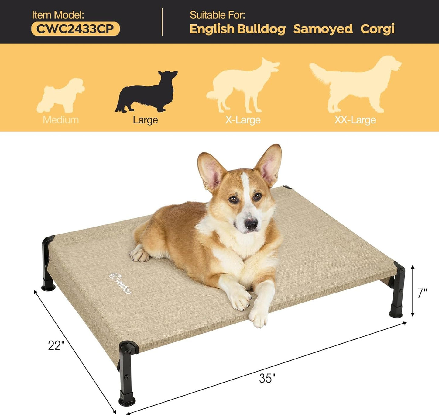 Veehoo Cooling Outdoor Dog Bed, Heavy Duty Elevated Pet Bed with Washable & Breathable Teslin Mesh, Non-Slip Silicon Feet, Dog Cot Bed with Support Hem, 35" x 22", Beige Coffee, CWC2433