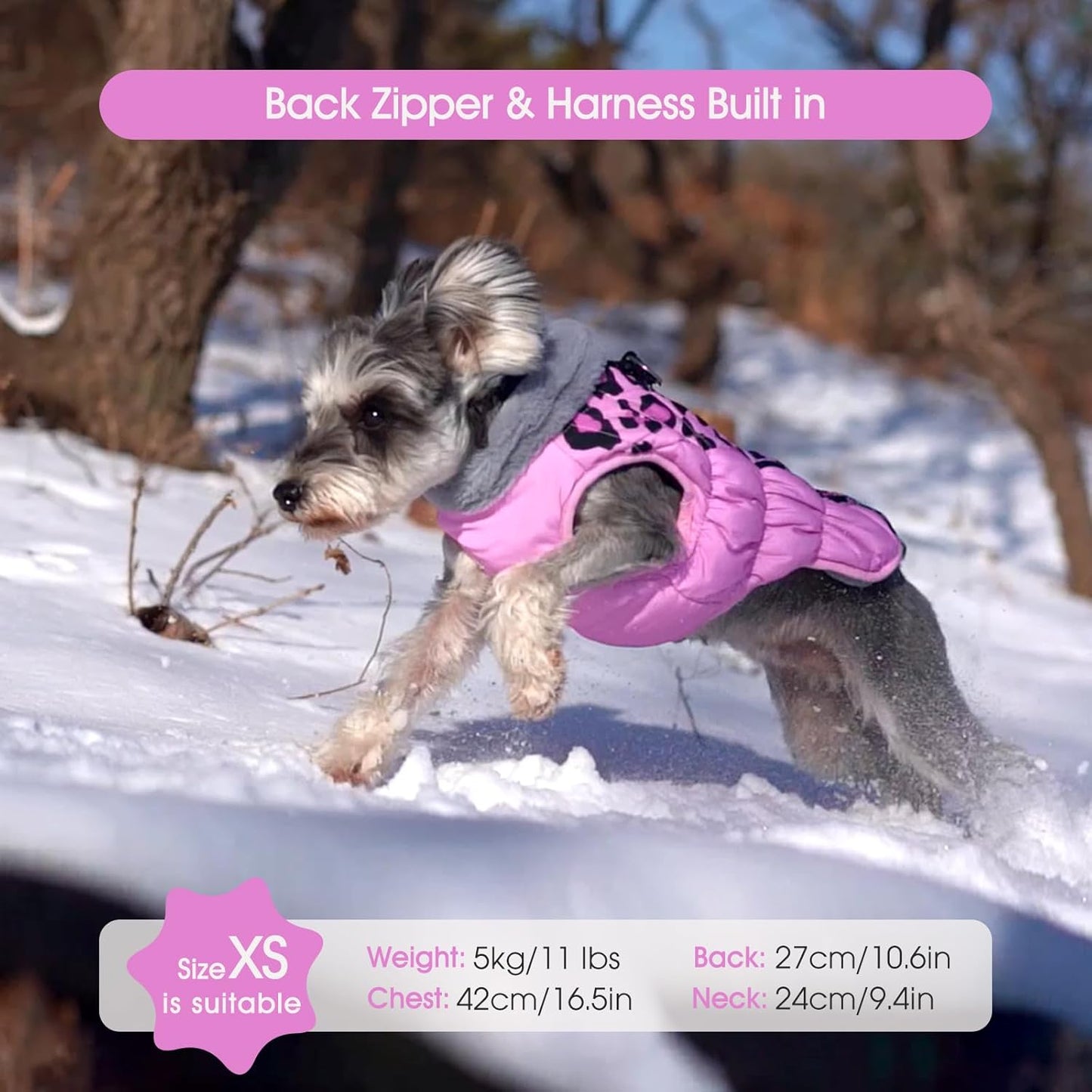 FUAMEY Dog Coat for Small Dogs,Waterproof Dog Winter Jacket with Harness Built in Puppy Cold Weather Coats Reflective Pet Vest with Zipper Warm Fleece Dogs Snowsuit Windproof Pink Leopard XS