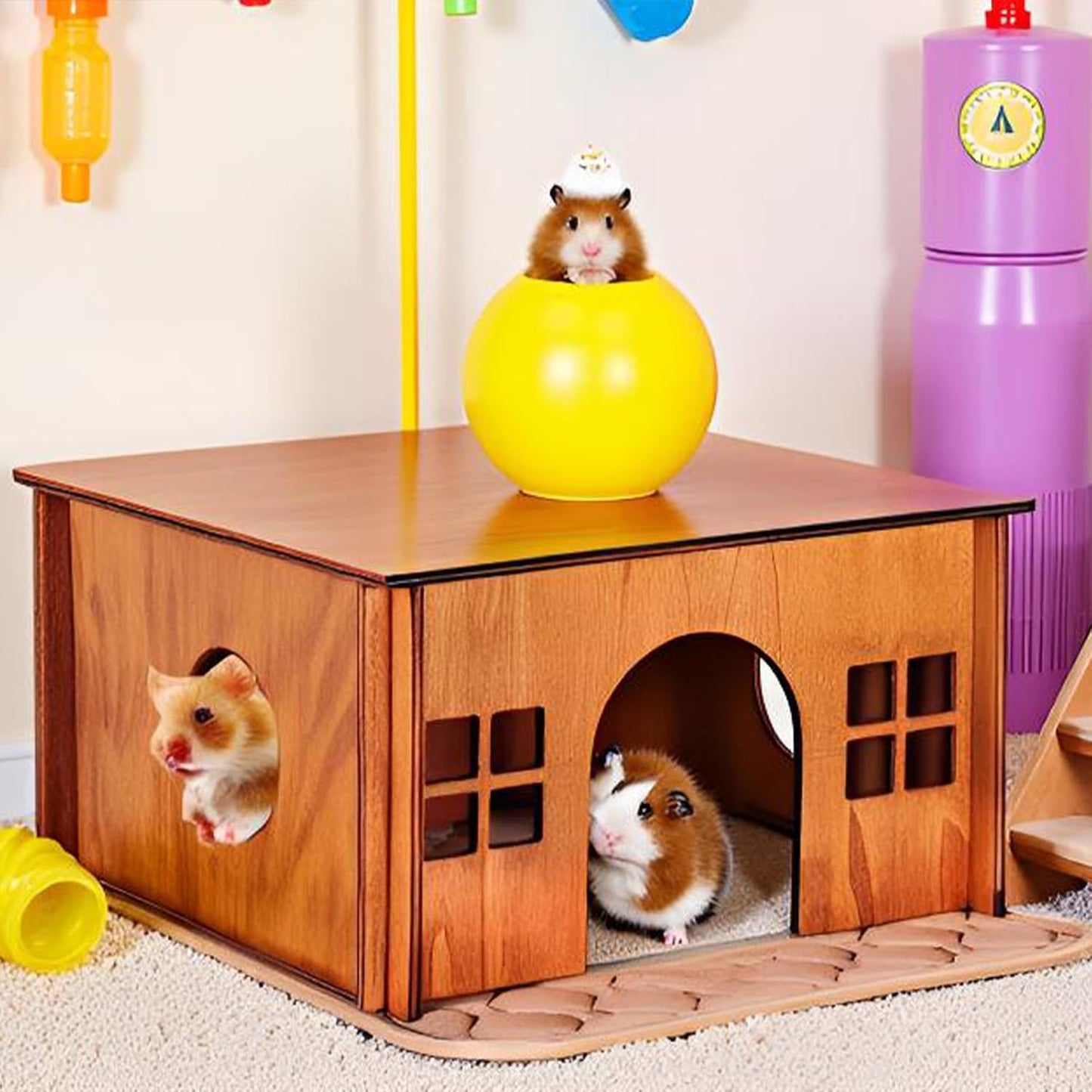 Guinea Pig Houses and Hideouts, Hamster House Hideout, Wooden Small Animal House with Windows, Large Guinea Pig Hideout Castle for Hamsters Small Bunny Chinchillas Playing Hiding