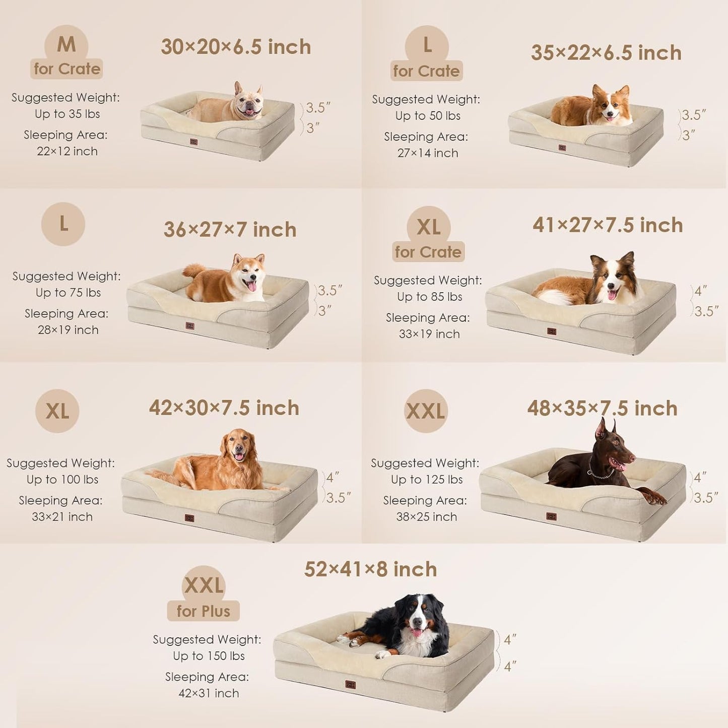 EHEYCIGA Memory Foam XL Dog Bed for XLarge Sized, Extra Large Orthopedic Dog Sofa with Sides and Waterproof Liner, Washable Bolster Pet Bed Couch with Removable Cover, 42x30x7.5 Inch, Beige