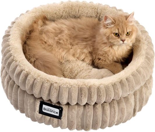 BALANCE Cat Bed Kitten Bed, Washable Round Cat Beds for Indoor Cats,Super Soft Plush Faux Fur Pet Bed for Puppy and Kitten with Anti-Slip Bottom