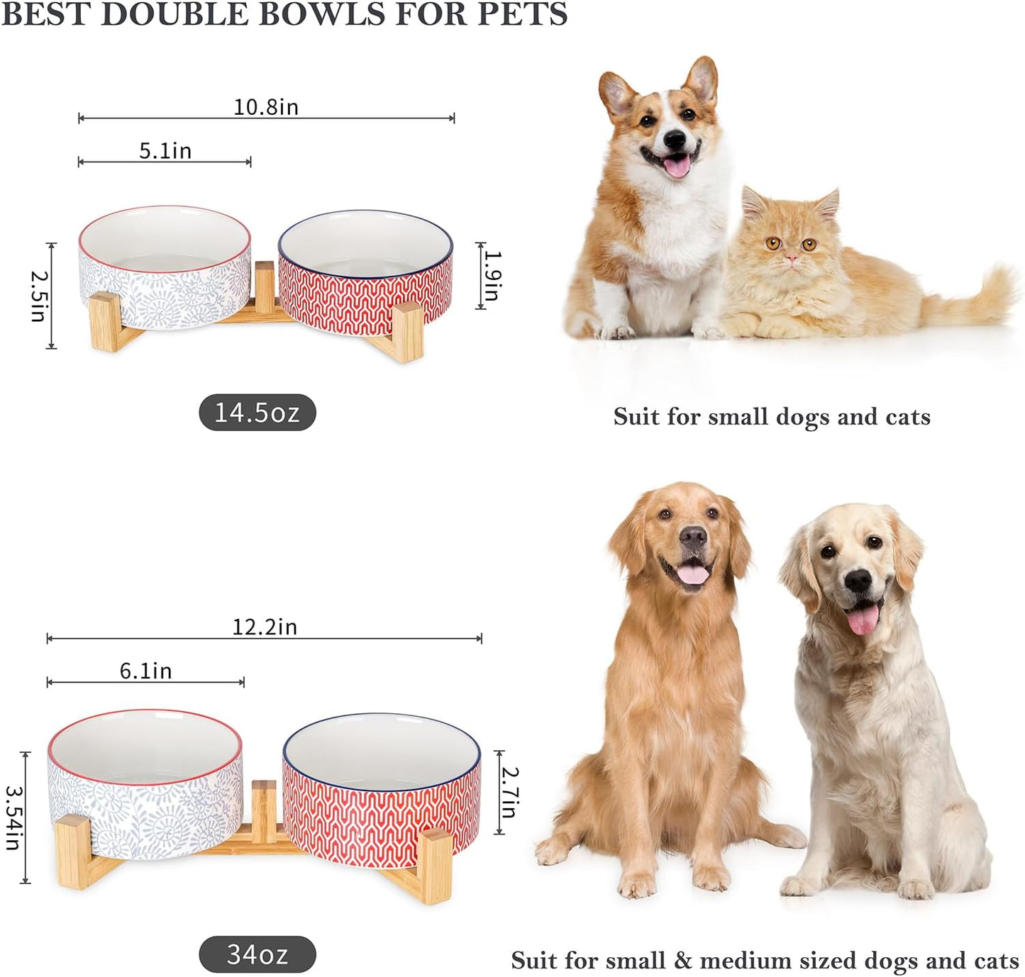 Selamica Ceramic 14 oz Dog Bowls - Anti-Slip Pet Dishes Set with Wooden Stand for Cats & Small Dogs, Weighted, Assorted Colors, Food & Water Dishes