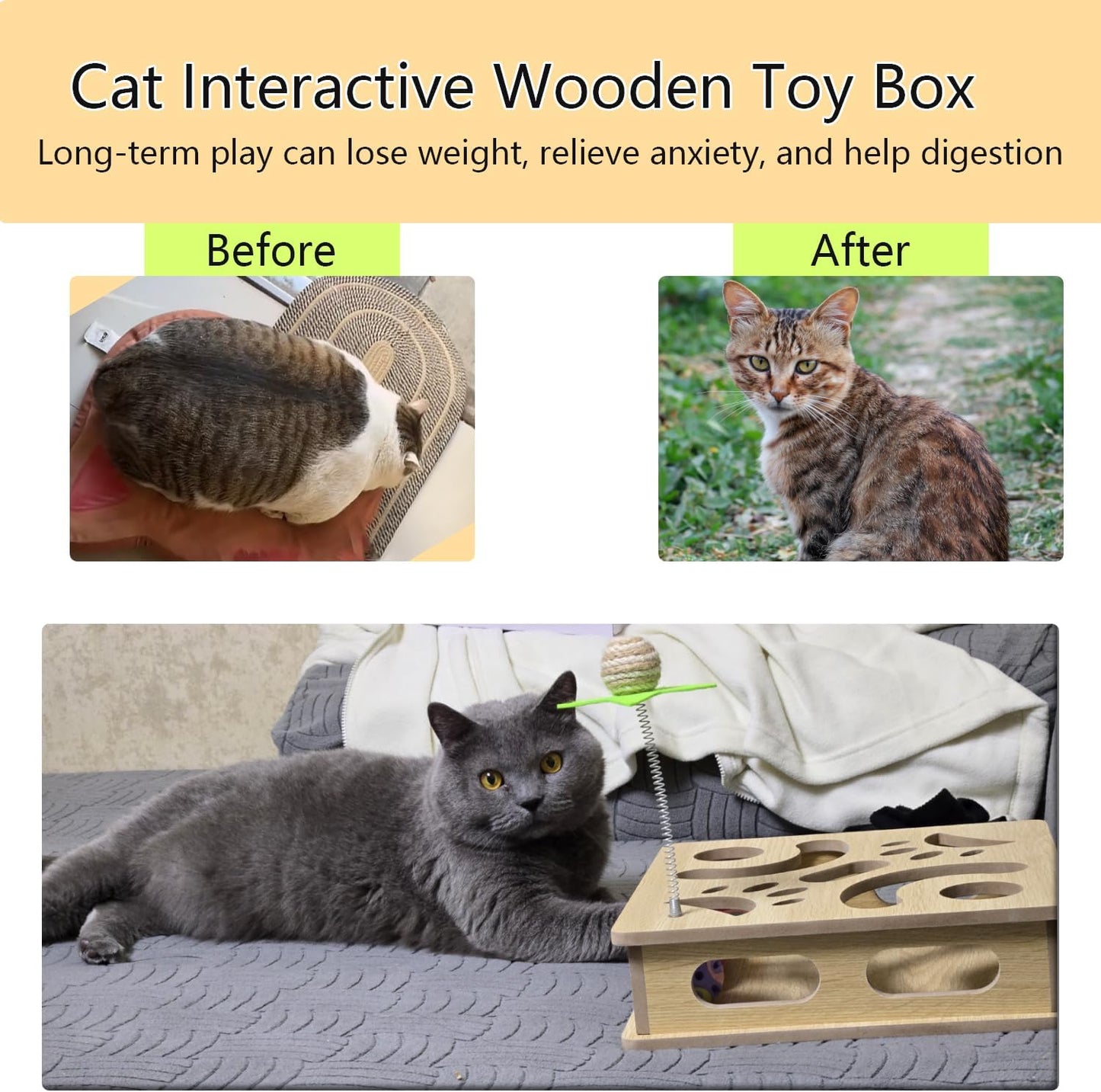 Interactive Wooden Cat Puzzle Toy Box Indoor Hunting Play Toy to Stimulate Your Cat’s Energy and Instincts (Burlywood)