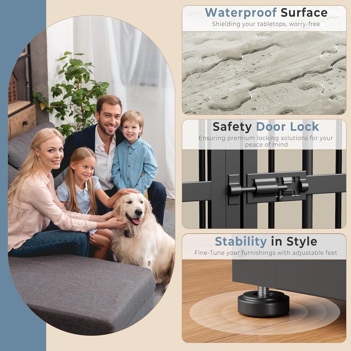 48'' XXL Dog Crate Furniture with 3 Doors, Wooden Crate End Table Heavy Duty Indoor Combination Cage for Medium to Large Dogs, Multiple Units Can be Combined, Grey