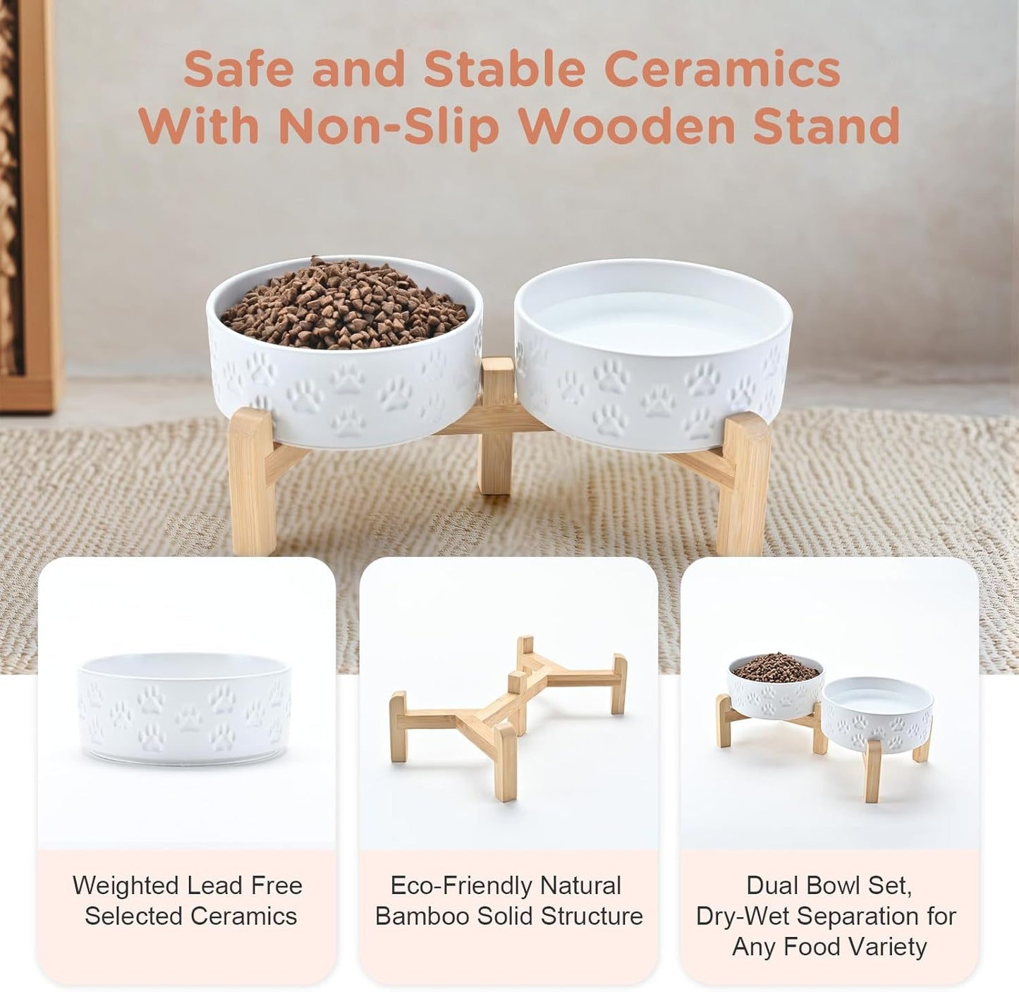 SPUNKYJUNKY Elevated Dog Bowls Ceramic, 5.1'' Dogs and Cat Food Water Bowls Raised with Non-Slip Bamboo Stand for Puppy Small Sized Breed Microwave Dishwasher Safe - 13.5 OZ,Paw White