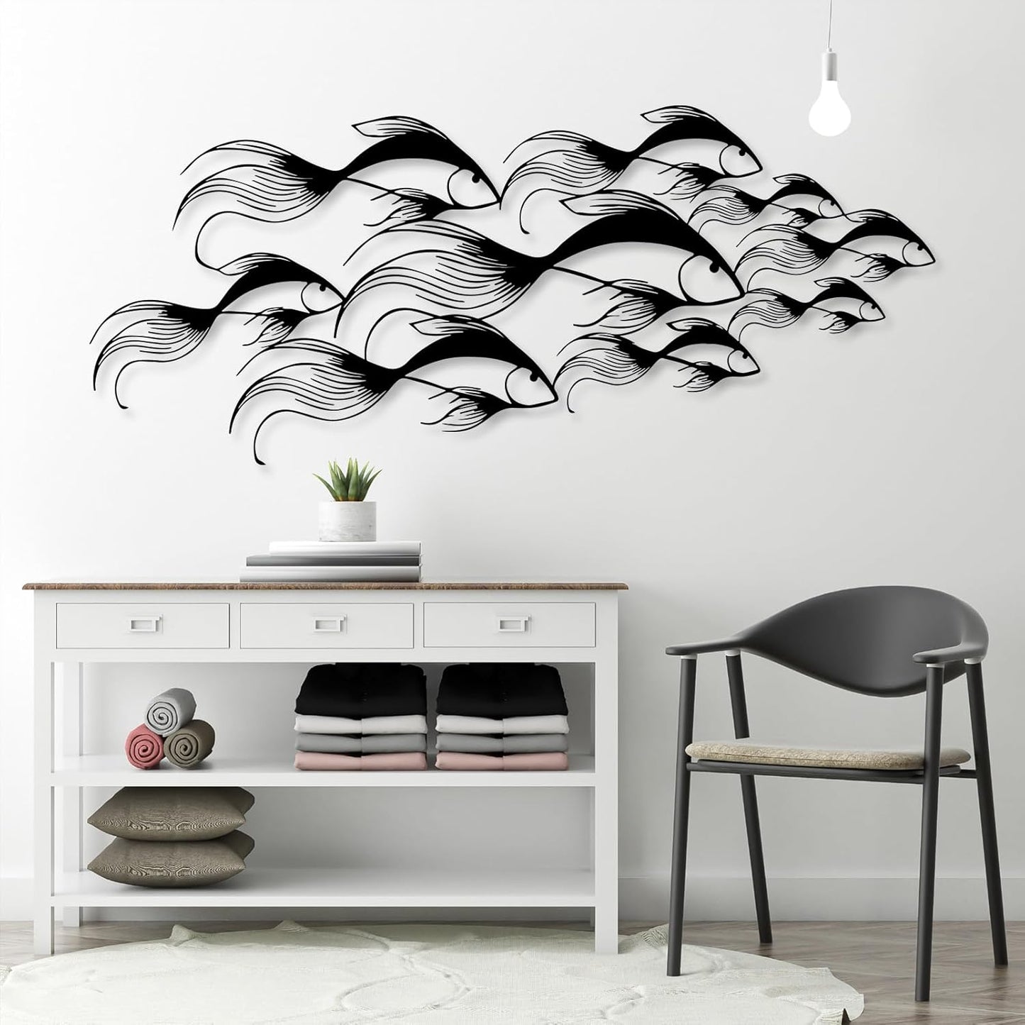 School of Fish Metal Wall Art, Metal Fish Wall Decor, Sea Life Wall Art, Large Nautical Wall Hanging, Modern Beach House Wall Decor, Ocean Themed Artwork for Bathroom (Black, 35"x15" | 90x38cm)