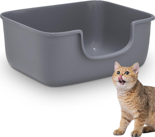 Large Cat Litter Box with High Sides, Open Kitty Litter Boxes Anti-Splashing for Indoor Cat Low Entry Cat Litter Pan for Small and Elderly Cats, Tool-Free Assembly(19.7” * 15.76” * 8.67” Grey)