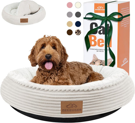30in Round Dog Bed Sofa for Small/Medium/Large Dogs, Machine Washable Supportive Foam Pet Couch with Washable Removable Mat and Non-Slip Bottom, Pet Cuddler for Indoor/Outdoor/Car/Cage, Cream