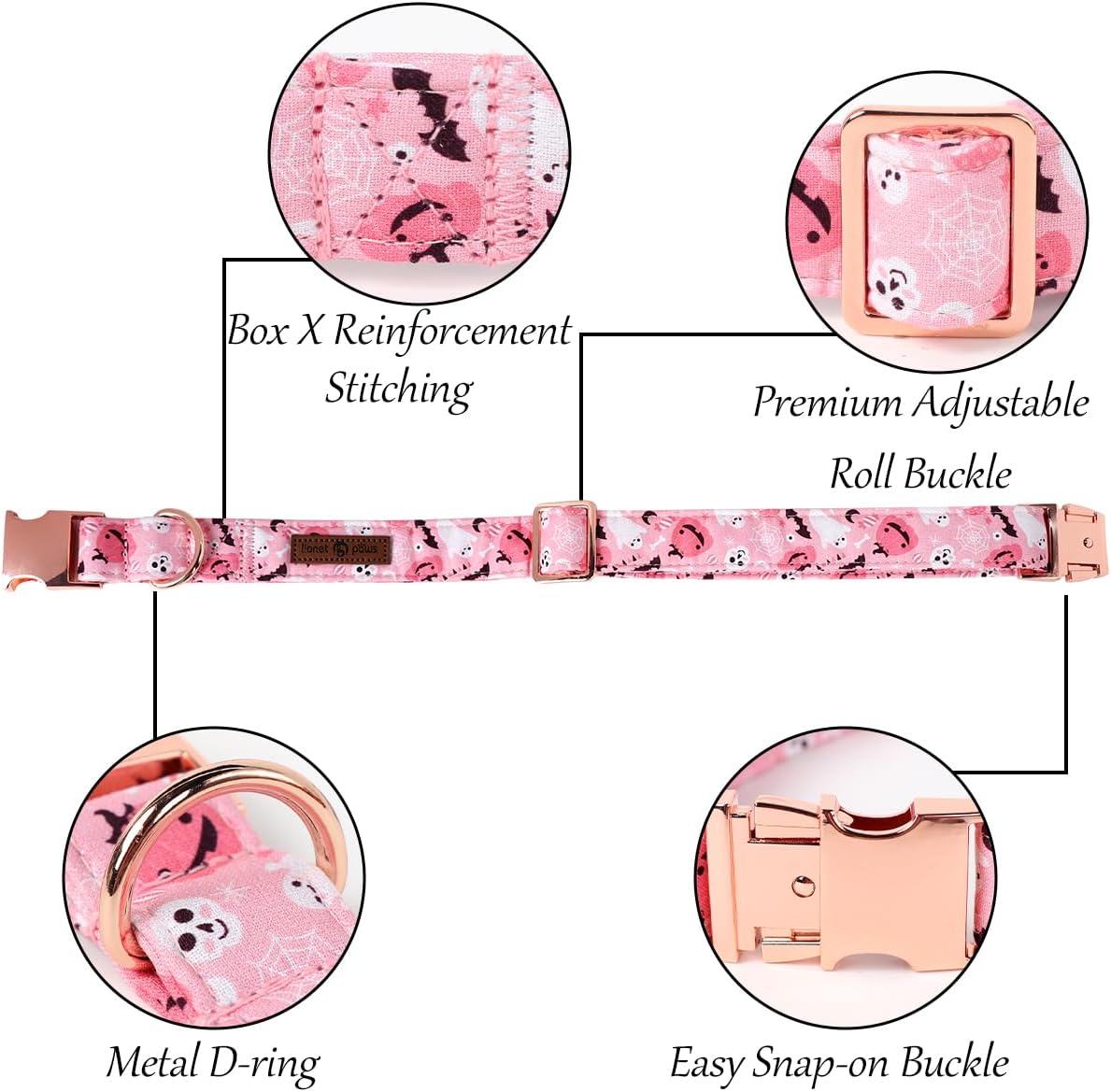 Lionet Paws Halloween Dog Collar With Flower - Cute Fall Pink Adjustable Cotton Pumpkin Ghost Pet Collar for Small Girl Puppies