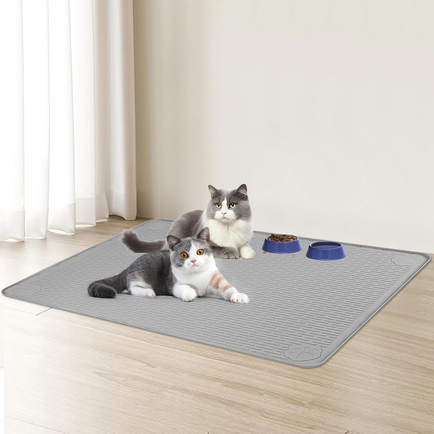 Cat Food Mat, 40" x 28" Extra Large Silicone Pet Feeding Mat with Raised Edge Pet Placemat for Food and Water Bowl Non-Slip, Easy to Clean, Floor Protection (Grey)