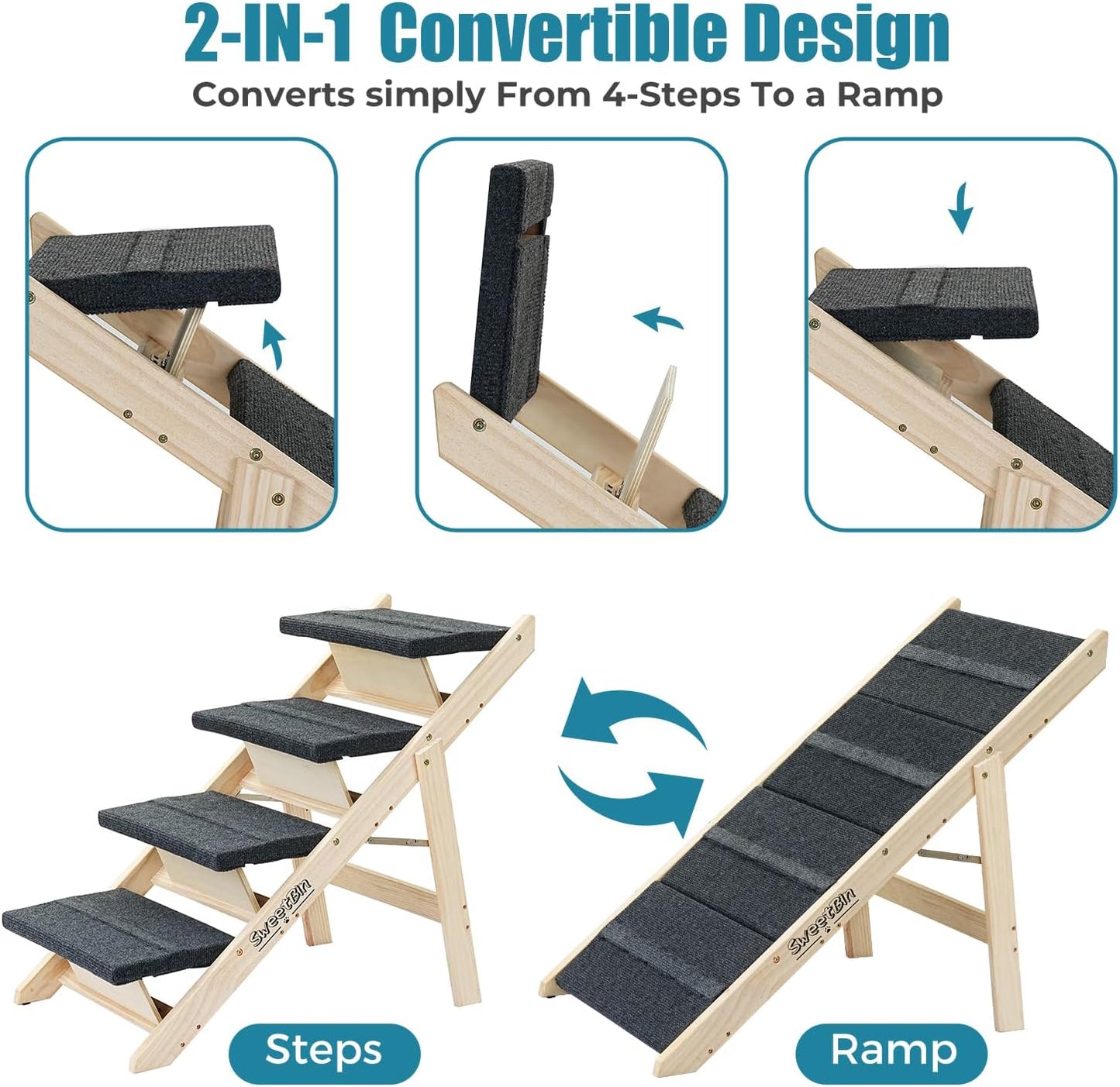 Wood Pet Stairs/Pet Steps for All Dogs and Cats - 2-in-1 Foldable Carpeted 4 Tiers Dog Stairs & Ramp Perfect for Beds and Cars - Portable Dog/Cat Ladder Up to 150 Pounds