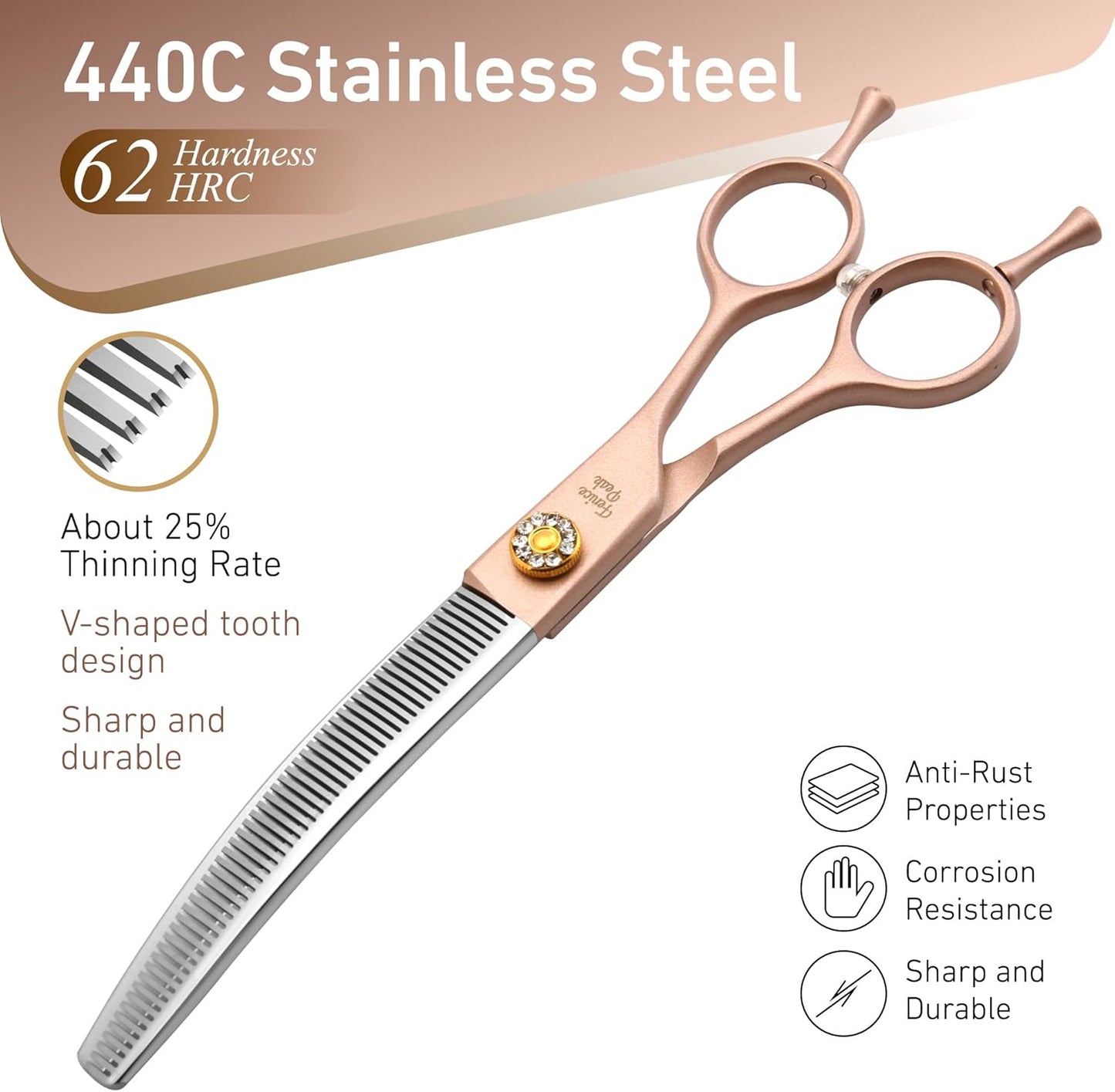 Fenice Peak Professional Curved Thinner Dog Grooming Scissors 7.0'' Rose Gold Thinning Shears Extremely Sharp Blades 440C Stainless Steel Thinning Shears Durable Smooth Fine Cut for Dogs and Cats.
