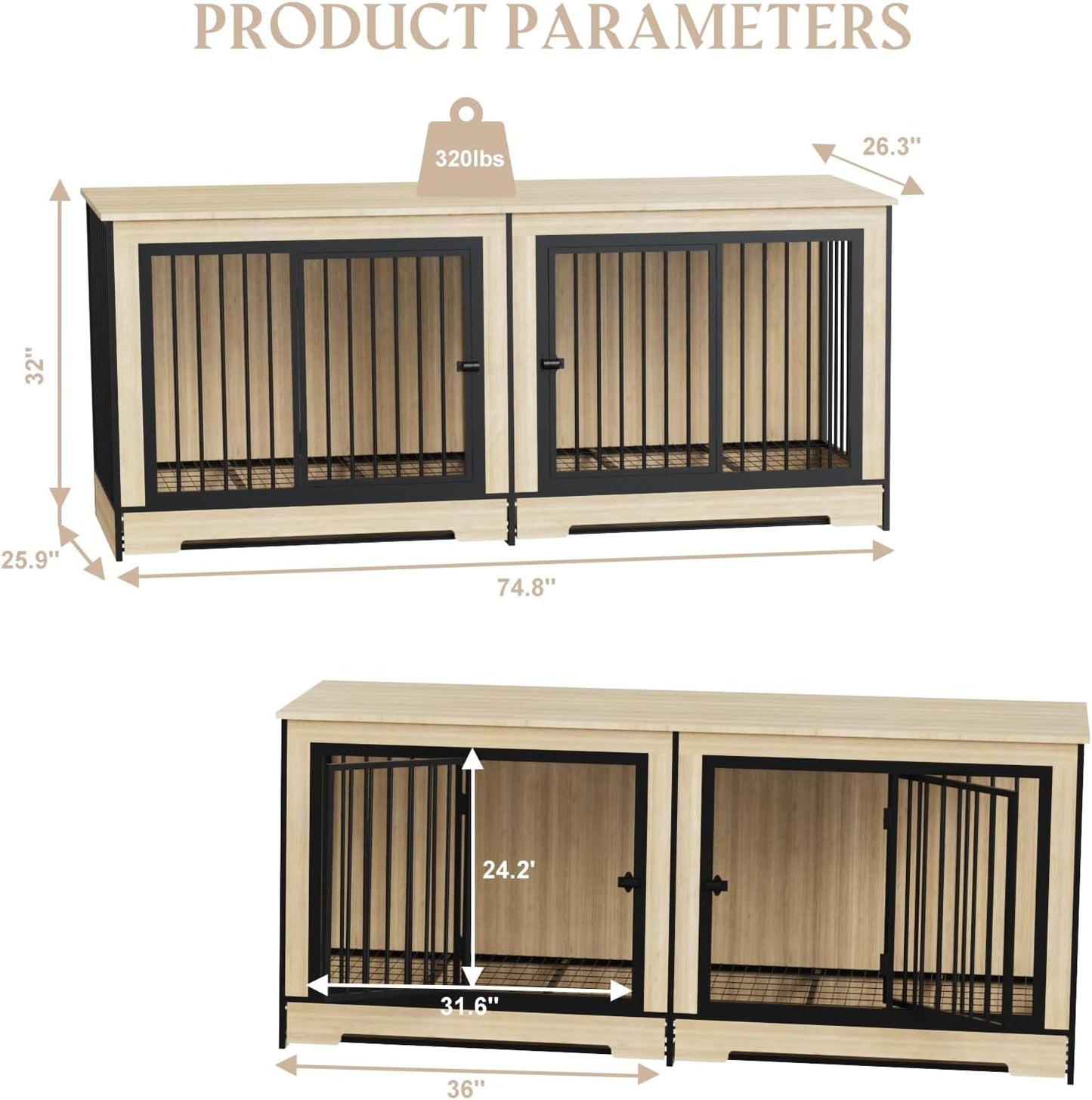 Furniture Dog Crate for Large Dogs, 75" Double Door Heavy Duty Dog Kennel with Removable Divider, XXL Wooden Dog Crate TV Stand, End Table, Pet Crate Cabinet for Home Decor