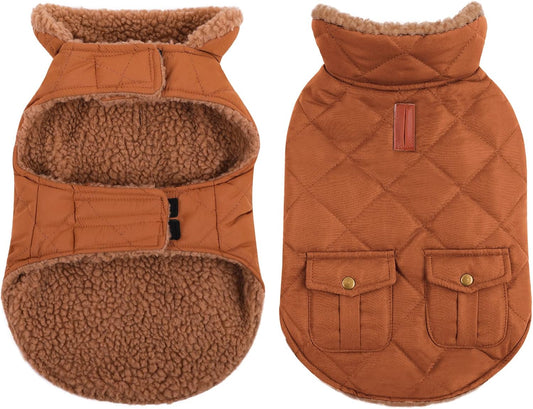 Queenmore Warm Puffer Dog Coat, Quilting Winter Jacket Ultra Thick Plush Lining with Storage Pockets (Brown, Small)