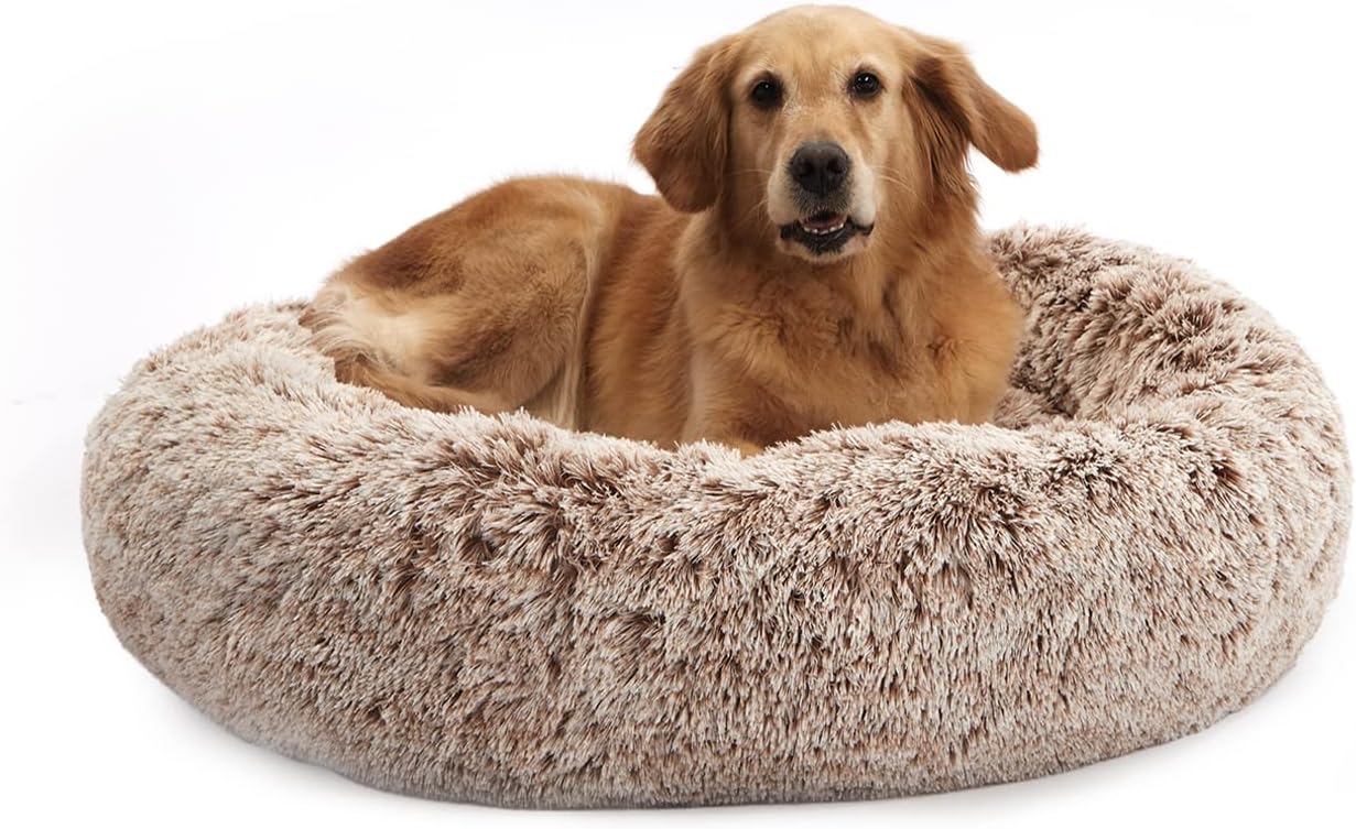 Bedfolks Calming Donut Dog Bed, 36 Inches Round Fluffy for Large Dogs, Anti-Anxiety Plush, Machine Washable (Brown, Large)
