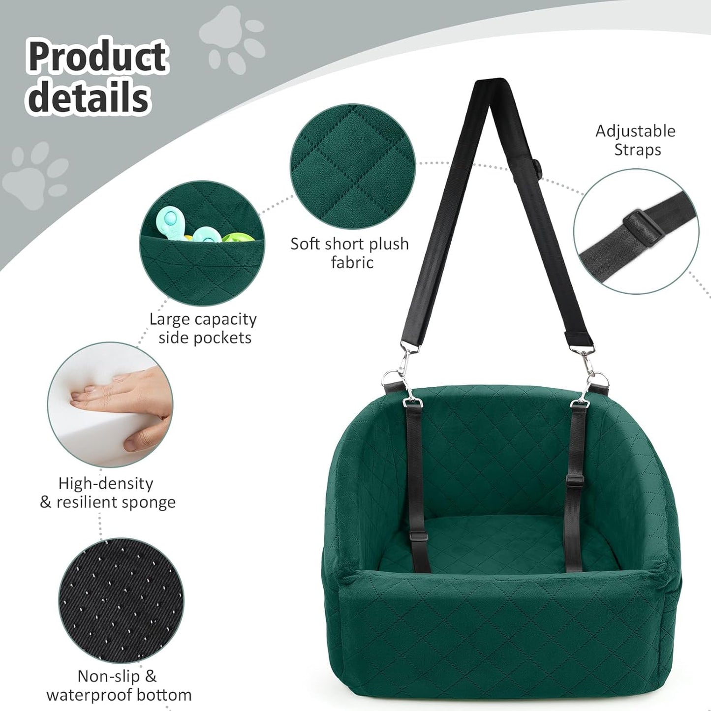 Dog Car Seat for Small Medium Dogs,Detachable Washable Dog Booster Seat Under 30lbs, Pet Car Seats Travel Bed with Storage Pockets and Safety Belt(Green)