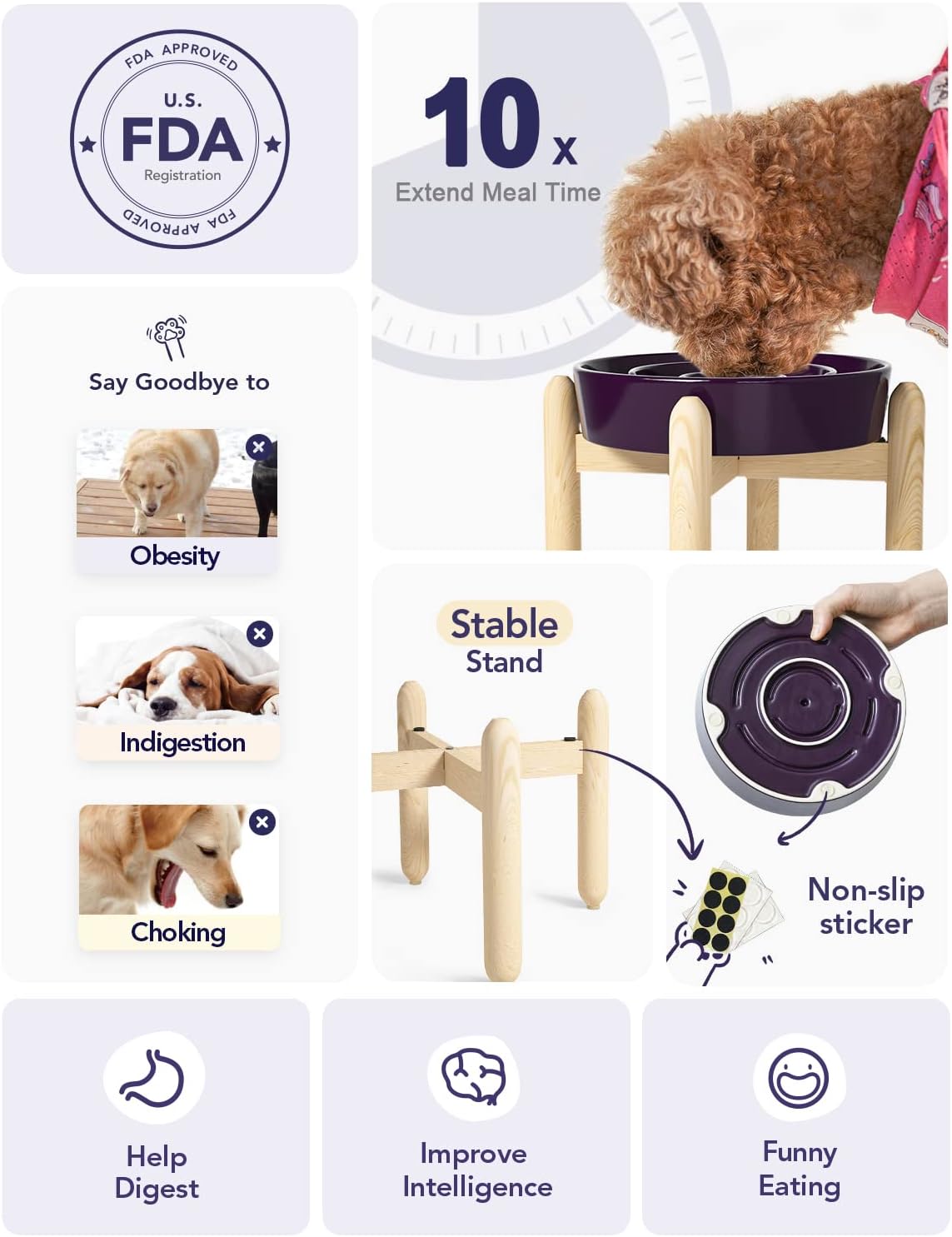 LE TAUCI Ceramic Slow Feed Dog Bowls, Elevated for Small and Medium Breed Dogs, Anti-Gulping Pet Feeding Dishes, Maze Purple, 1.5 Cups