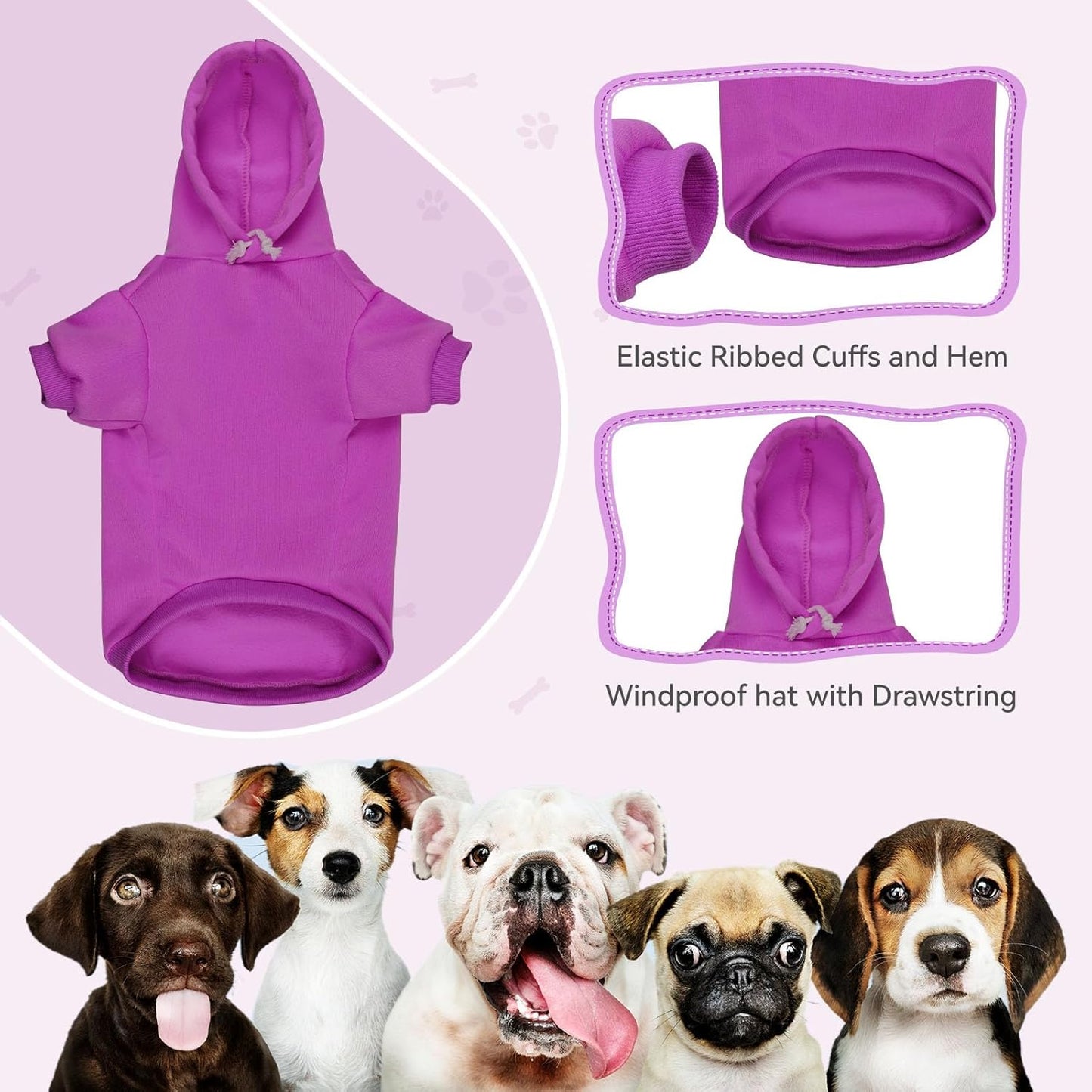 Purple Dog Hoodie Sweatshirt with Pocket - Soft Brushed Fleece Dog Clothes for Small Dogs (XS)