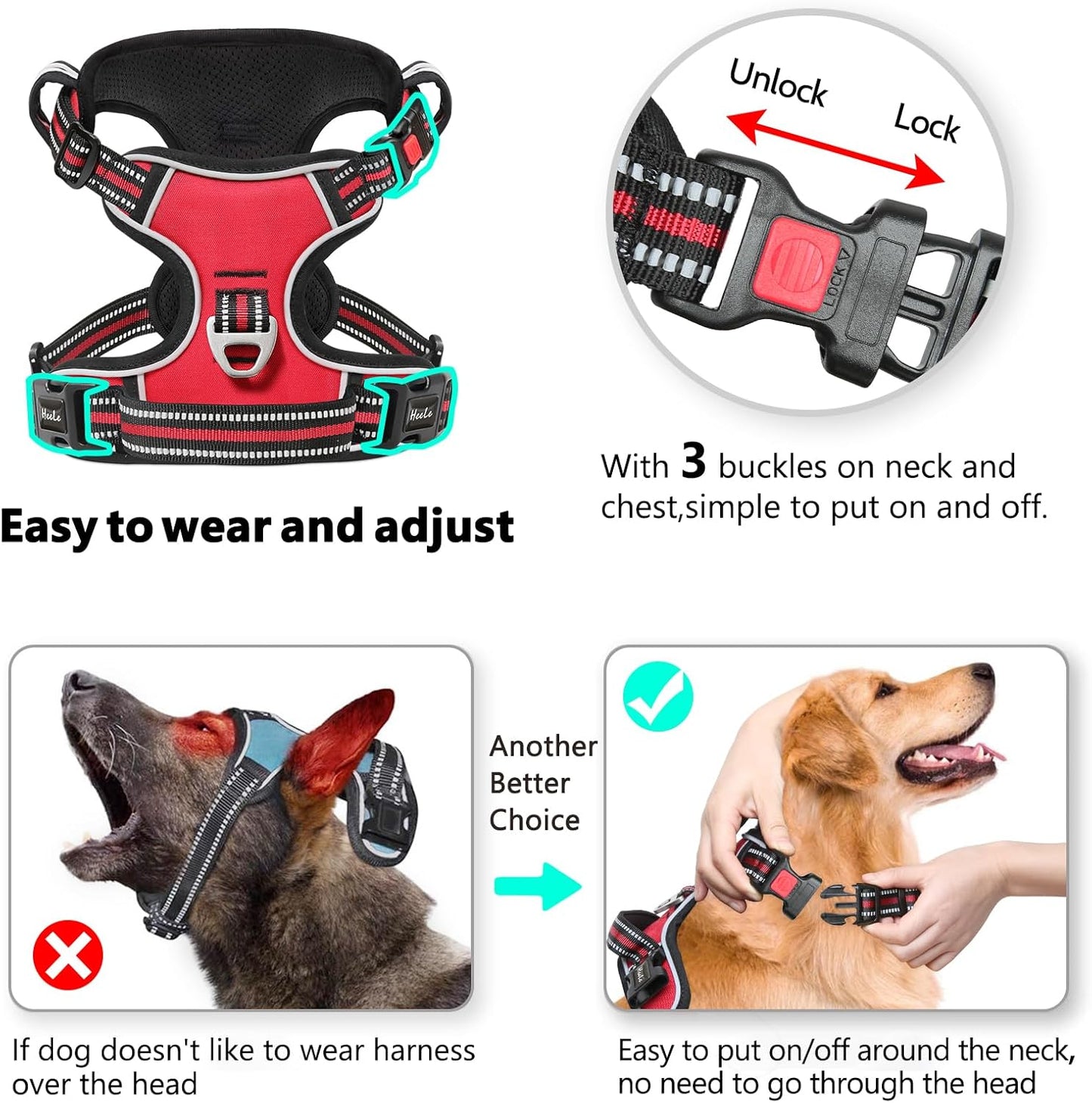 Timos Dog Harness Large Sized, No Pull with Neck Lockable Snap,No Choke Front Clip Dog Reflective Harness,Adjustable Metal Rings 3 Buckles,Easy Control Handle for Large Dogs Red L