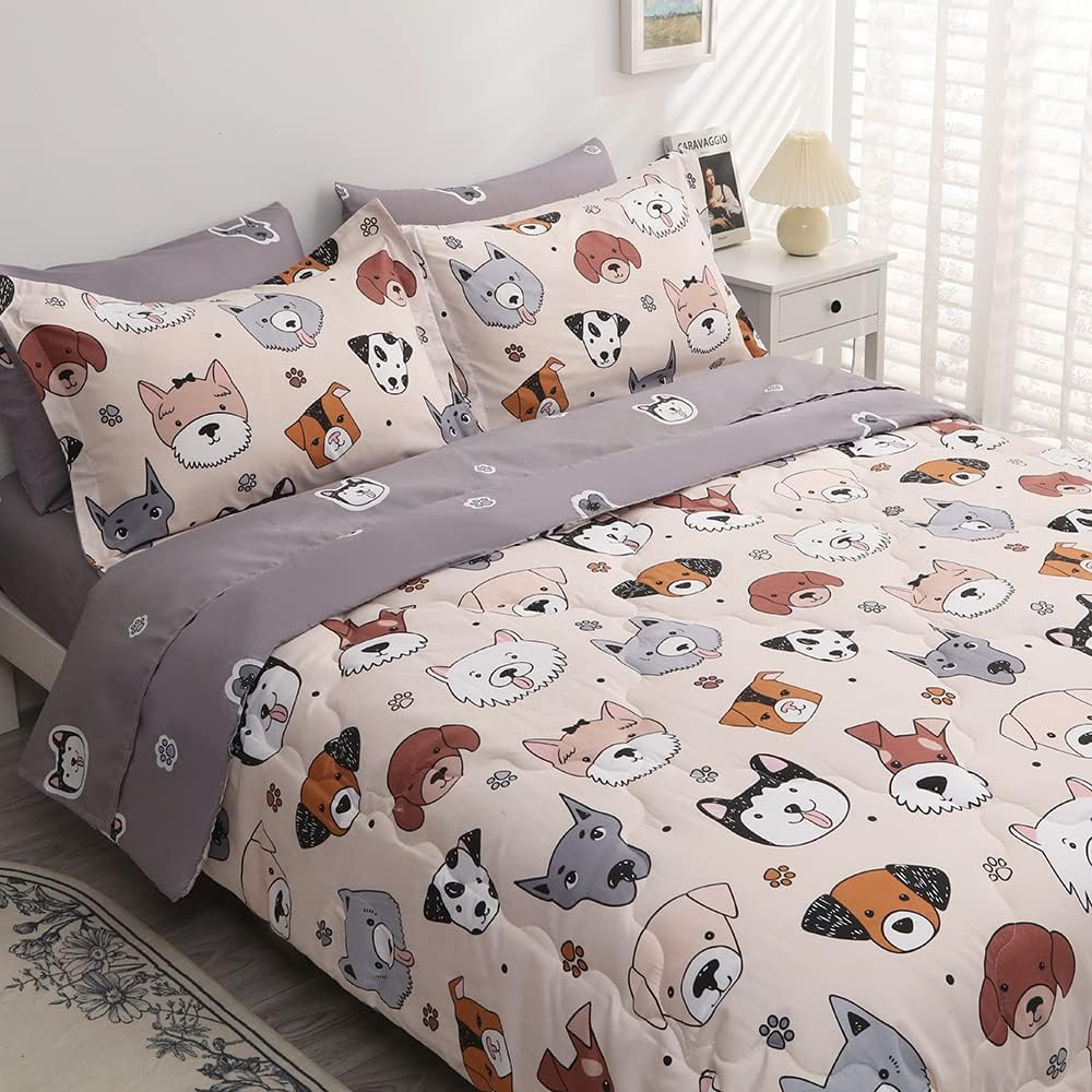 Kids Comforter Set 7 Piece Bedding Cute Dog Cartoon Animal Bed Microfiber Comforter Queen Size All Season (1 Comforter, 1 Flat Sheet, 1 Fitted Sheet, 4 Pillowcase)