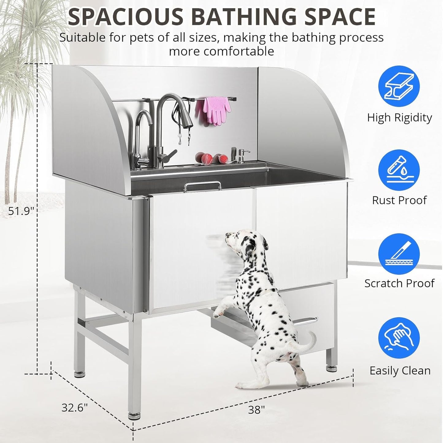 Professional Dog Grooming Tub, 38" Stainless Steel Dog Wash Station with Ramp, Storage Drawer, Floor Grate & Faucet/Dog Bathtub for Large, Medium & Small Pets, Left Door