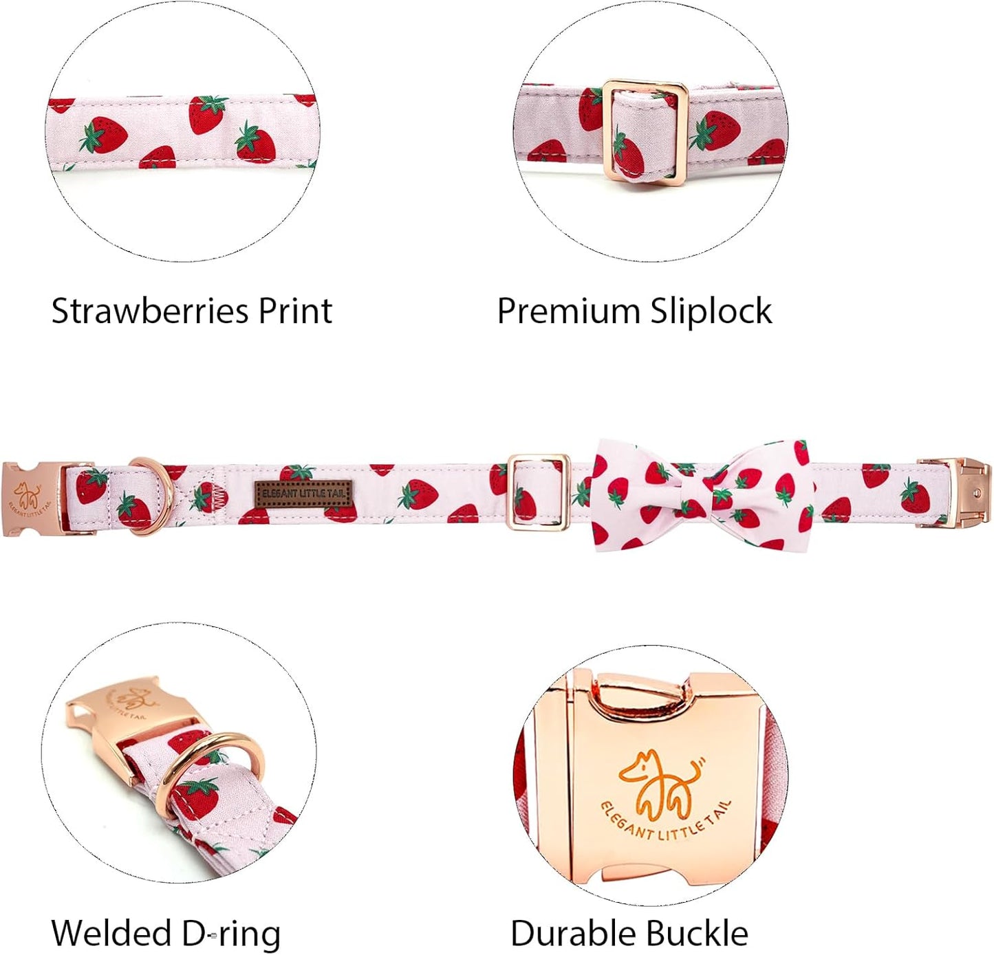 Elegant little tail Dog Collar, Strawberries Print Pet Collar Summer Dog Collar Durable Metal Buckle Dog Collars Cotton Pet Adjustable Dog Collars for X-Small Dogs