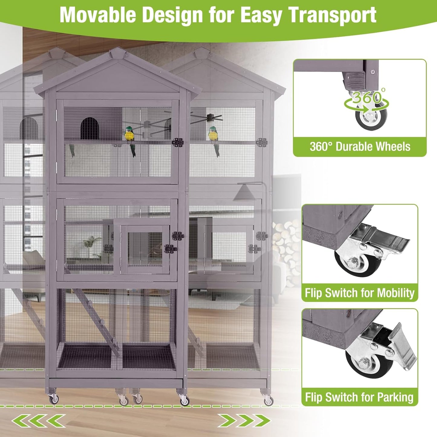 GUTINNEEN Large Bird Cage Outdoor Wooden Aviary Indoor on Wheels, with Play Stand, Perches, Nest Habitat & Wire Mesh Tray for Easy Cleaning