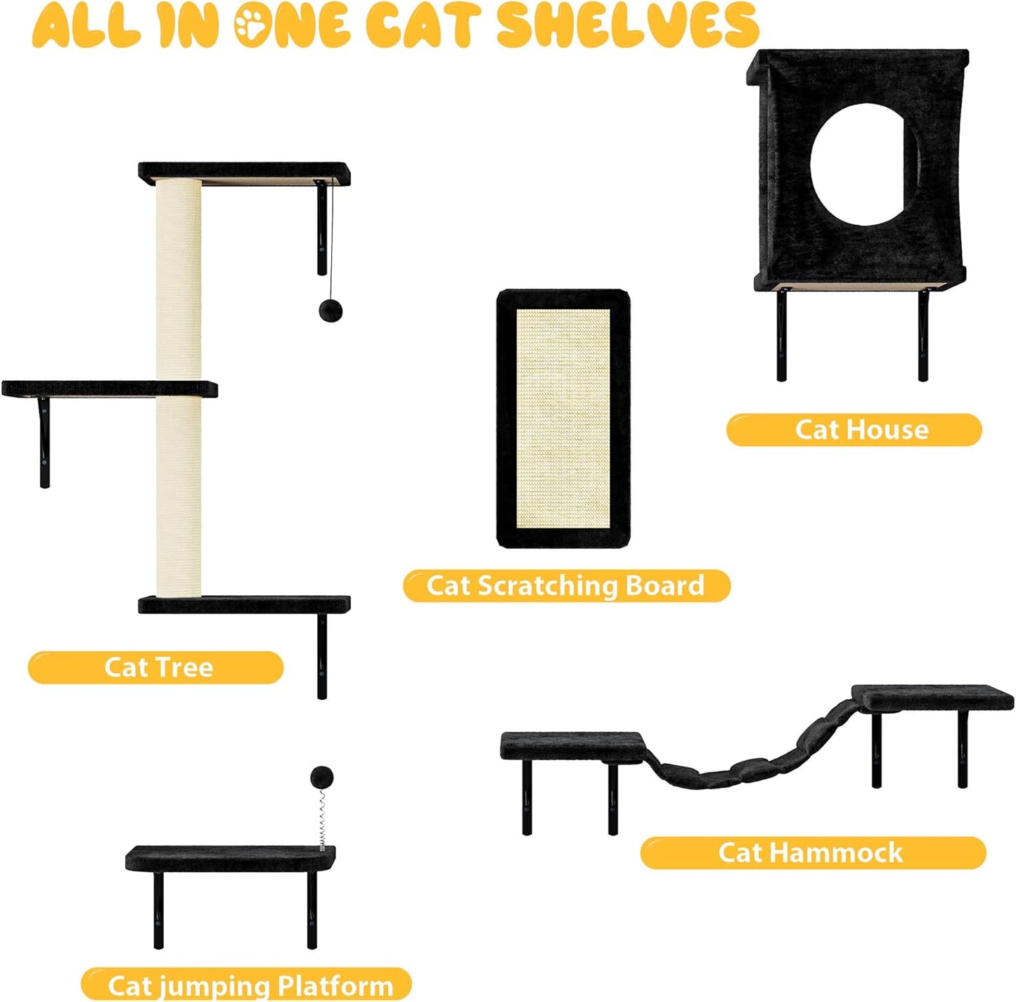 NUNU LAB Cat Wall Shelves, 10-in-1 Wall-Mounted Cat Furniture Set, Large Cat Climber Set with House, Bridge, Steps, Scratcher, DIY Playground, Shelves for Indoor Wall Furniture Set - Black