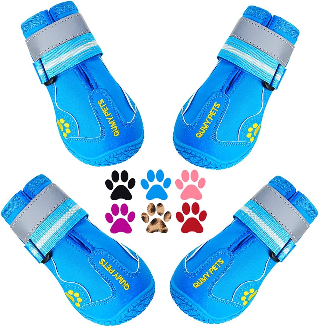 QUMY Dog Shoes for Large Dogs, Medium Dog Boots & Paw Protectors for Winter Snowy Day, Summer Hot Pavement, Water-Resistant in Rainy Weather, Outdoor Walking, Indoor Hardfloors Skid-Resistant Sole
